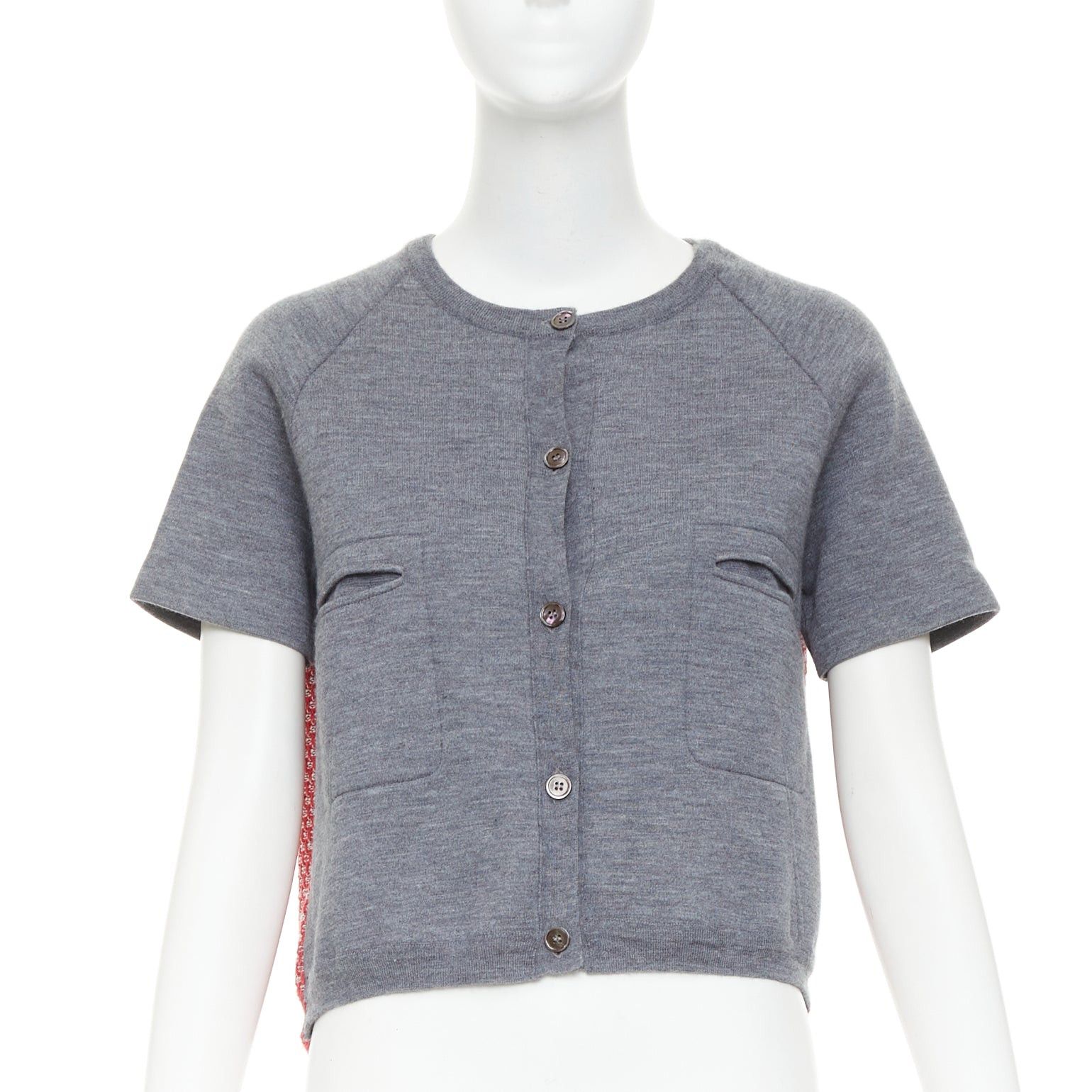 Marni MARNI 2016 grey cotton raglan short sleeve red tweed back cropped cardigan IT40 S Size S / US 4 / IT 40 - 3 Thumbnail
