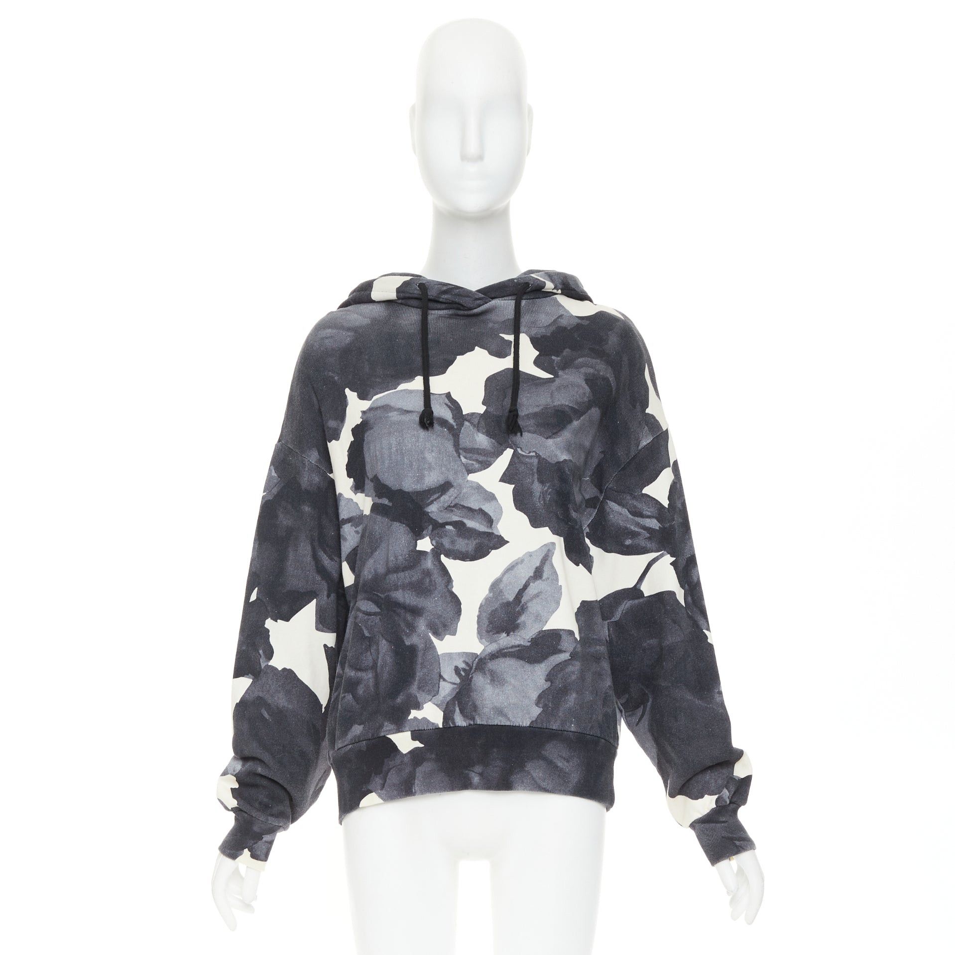 Dries Van Noten DRIES VAN NOTEN grey ivory cotton abstract rose print black drawstring hoodie S Size S / US 4 / IT 40 - 10 Thumbnail