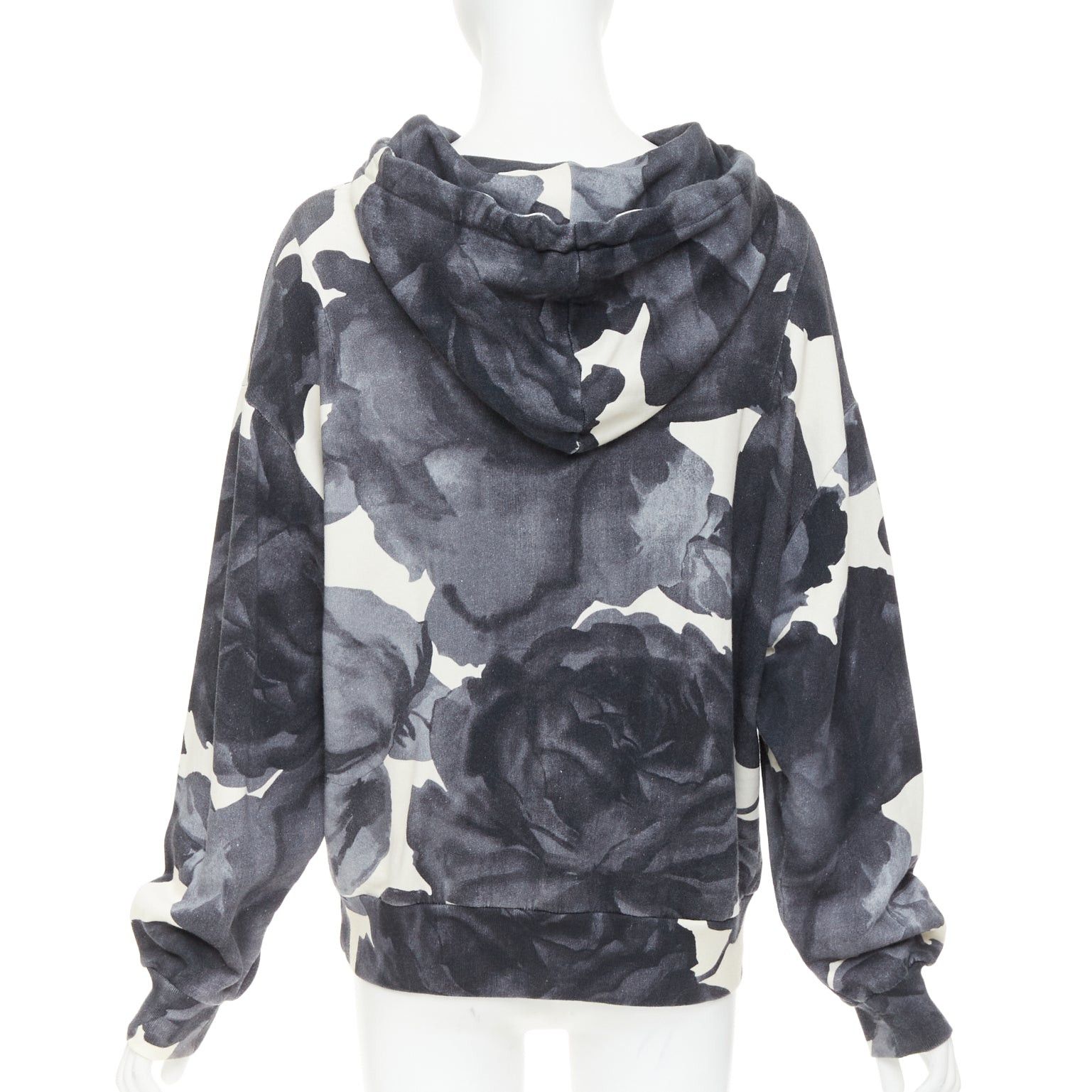 Dries Van Noten DRIES VAN NOTEN grey ivory cotton abstract rose print black drawstring hoodie S Size S / US 4 / IT 40 - 5 Thumbnail