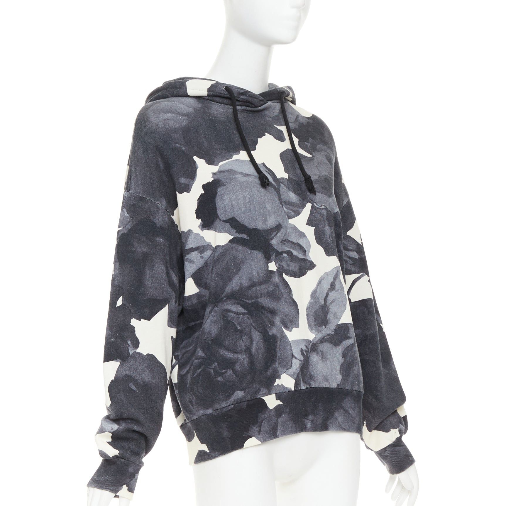 Dries Van Noten DRIES VAN NOTEN grey ivory cotton abstract rose print black drawstring hoodie S Size S / US 4 / IT 40 - 3 Thumbnail