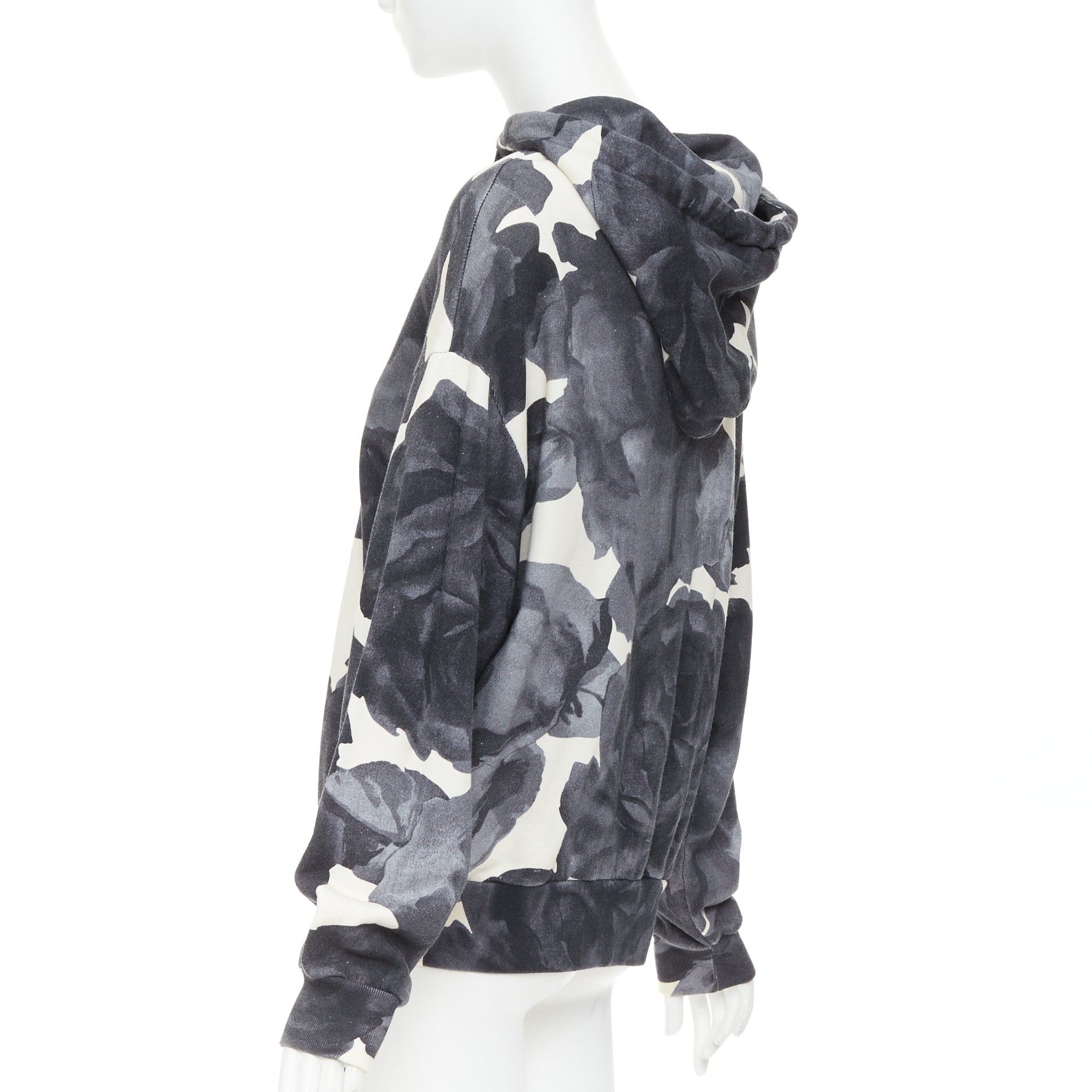 Dries Van Noten DRIES VAN NOTEN grey ivory cotton abstract rose print black drawstring hoodie S Size S / US 4 / IT 40 - 6 Thumbnail