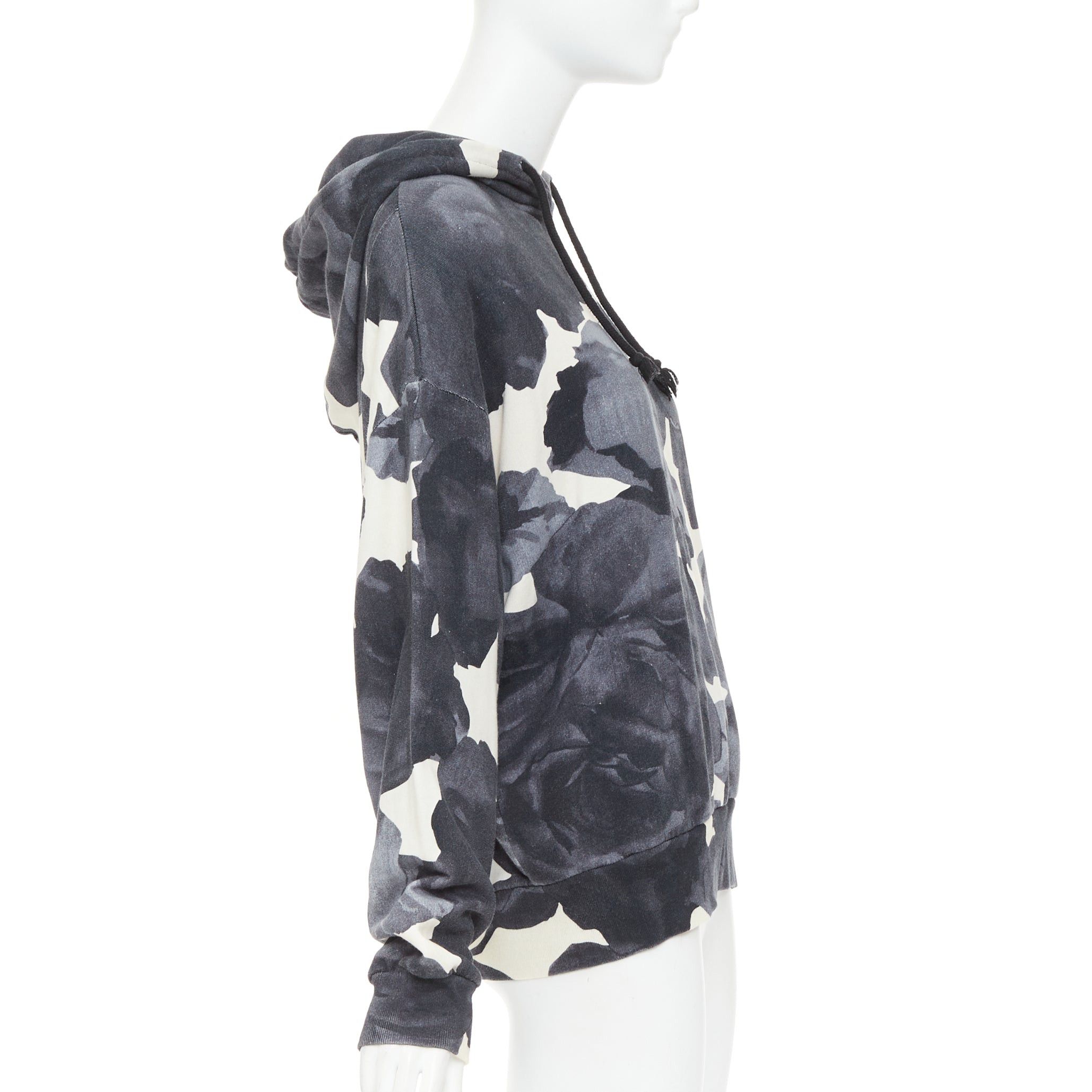 Dries Van Noten DRIES VAN NOTEN grey ivory cotton abstract rose print black drawstring hoodie S Size S / US 4 / IT 40 - 4 Thumbnail