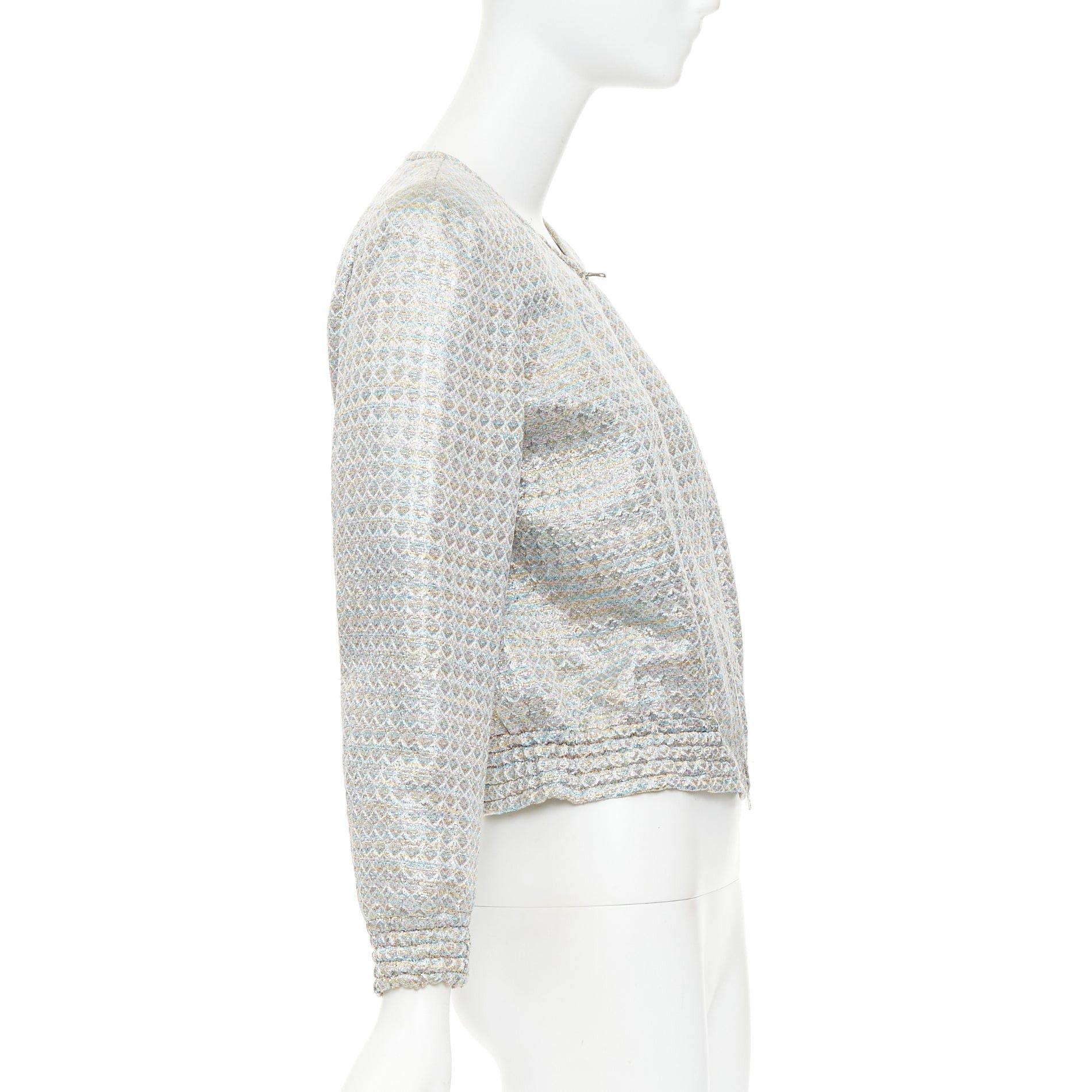 Dries Van Noten DRIES VAN NOTEN 2017 metallic silver multicolor geometric jacquard crop jacket FR40 L Size M / US 6-8 / IT 42-44 - 5 Thumbnail