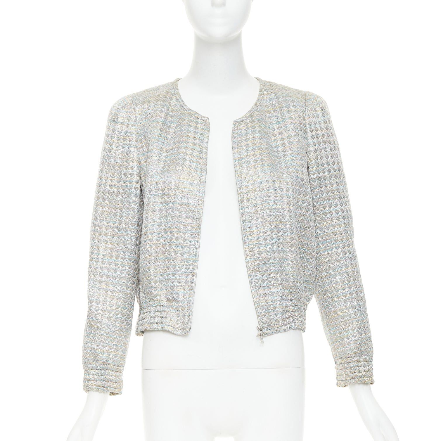 Dries Van Noten DRIES VAN NOTEN 2017 metallic silver multicolor geometric jacquard crop jacket FR40 L Size M / US 6-8 / IT 42-44 - 3 Thumbnail