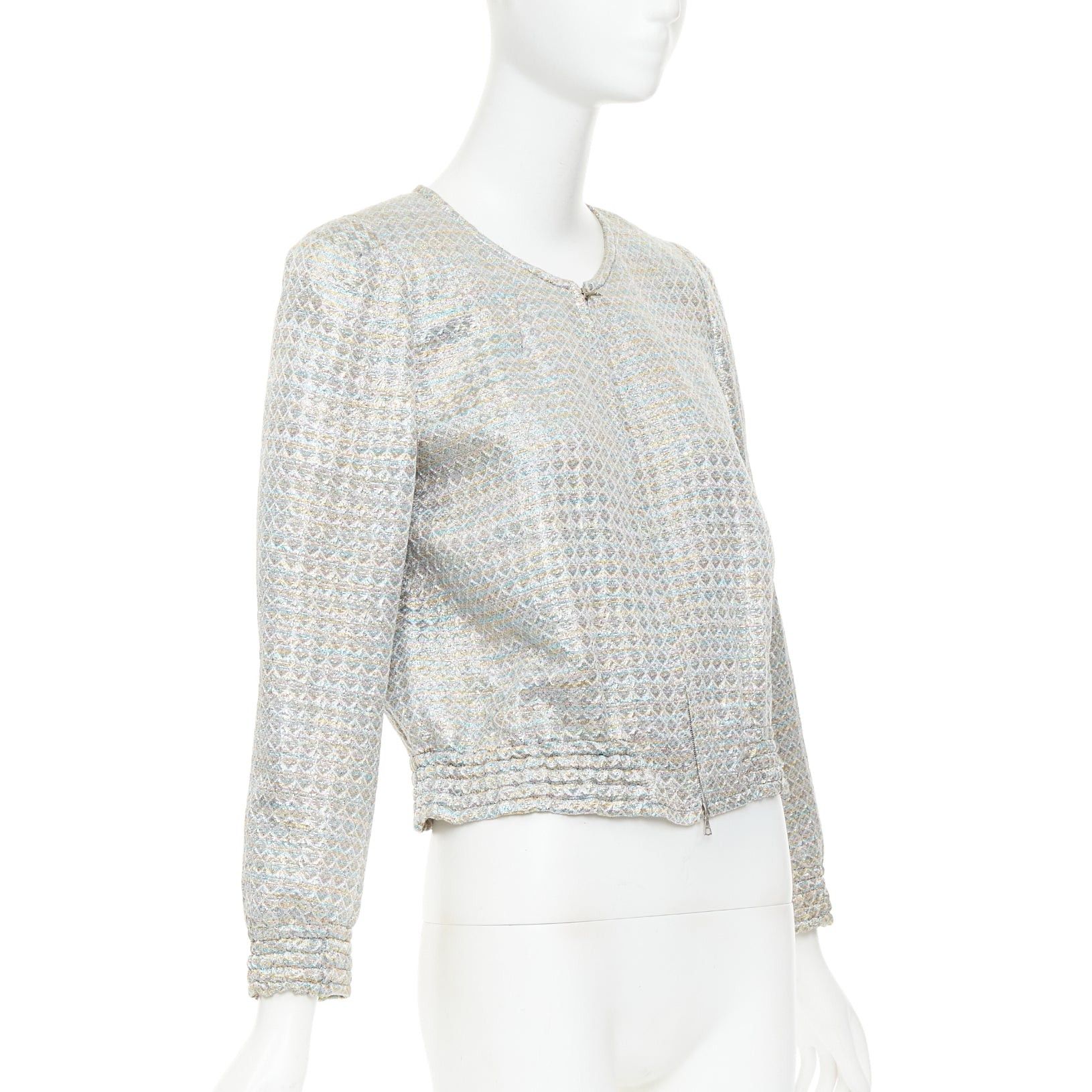 Dries Van Noten DRIES VAN NOTEN 2017 metallic silver multicolor geometric jacquard crop jacket FR40 L Size M / US 6-8 / IT 42-44 - 4 Thumbnail