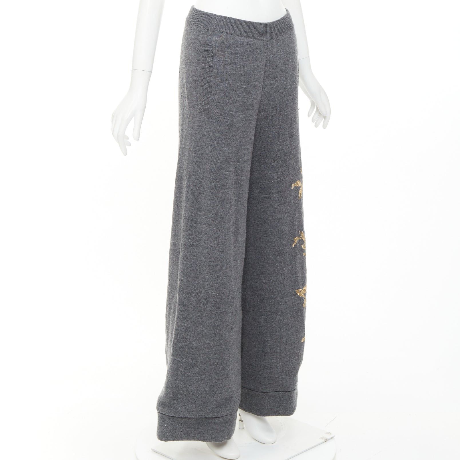Dries Van Noten DRIES VAN NOTEN 2017 grey merino wool gold metallic floral intarsia wide leg pants S Size 27" / US 4 / IT 40 - 3 Thumbnail
