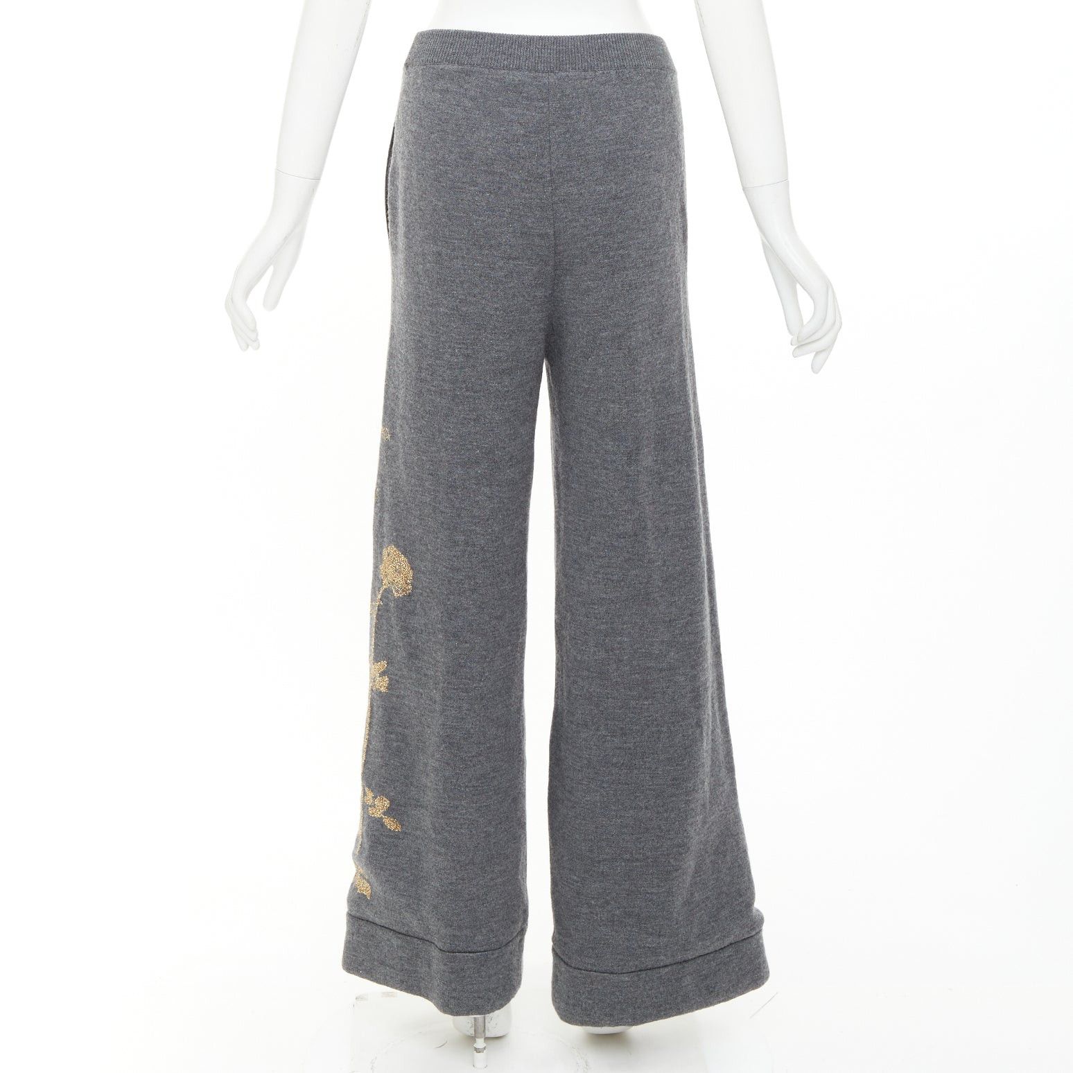 Dries Van Noten DRIES VAN NOTEN 2017 grey merino wool gold metallic floral intarsia wide leg pants S Size 27" / US 4 / IT 40 - 5 Thumbnail