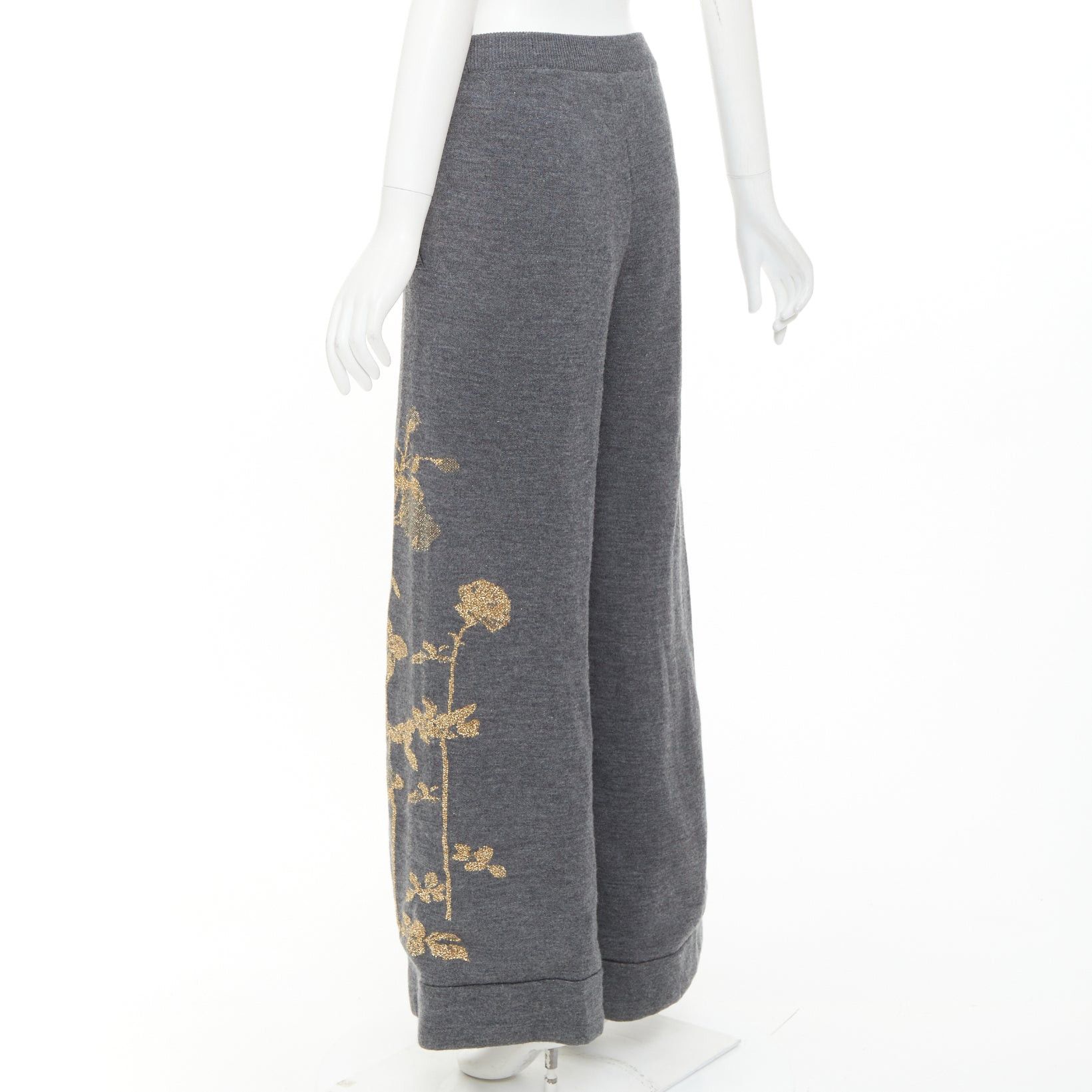 Dries Van Noten DRIES VAN NOTEN 2017 grey merino wool gold metallic floral intarsia wide leg pants S Size 27" / US 4 / IT 40 - 6 Thumbnail