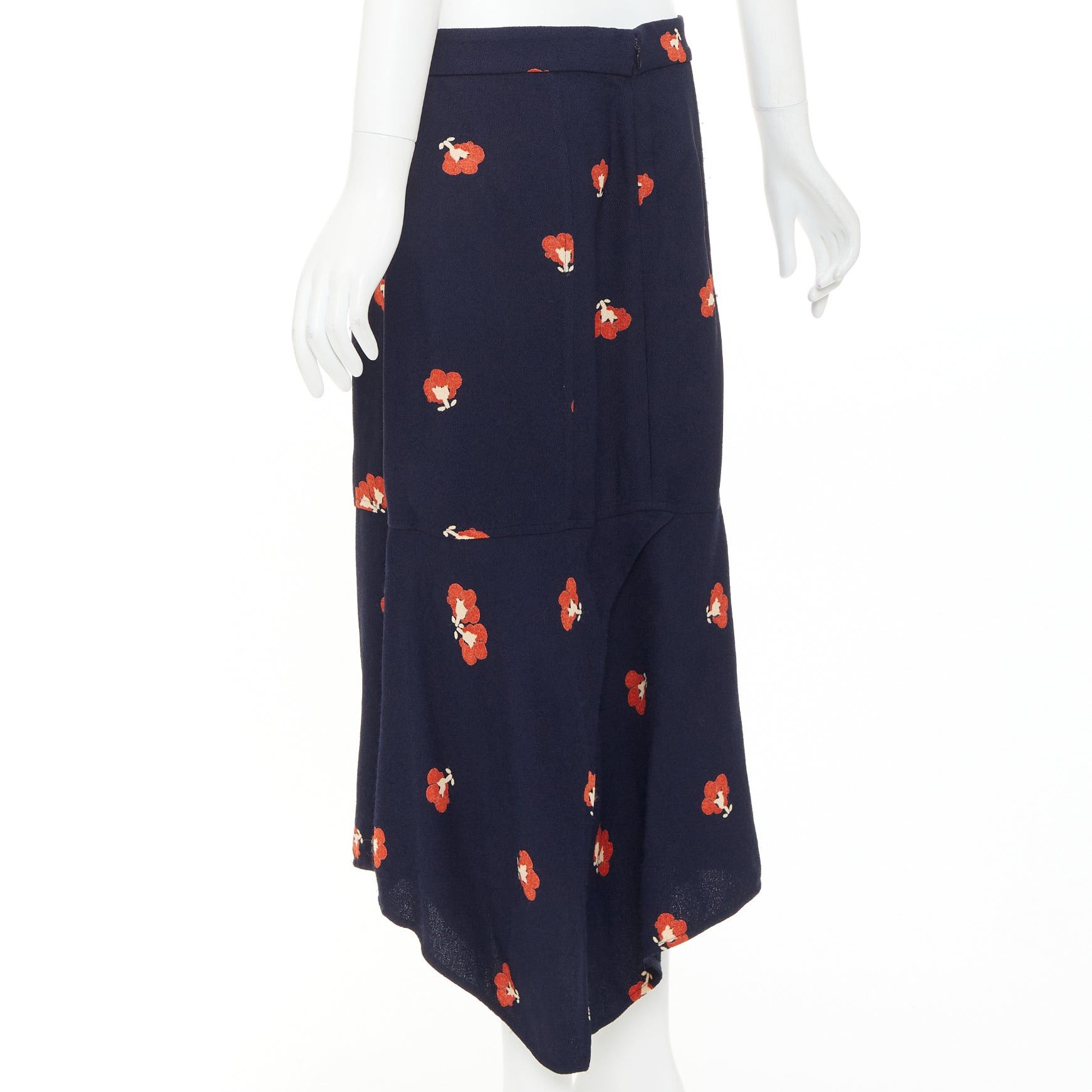 Victoria Beckham VICTORIA BECKHAM 2018 navy orange floral print asymmetric panelled midi skirt UK10 M Size 28" / US 6 / IT 42 - 6 Thumbnail
