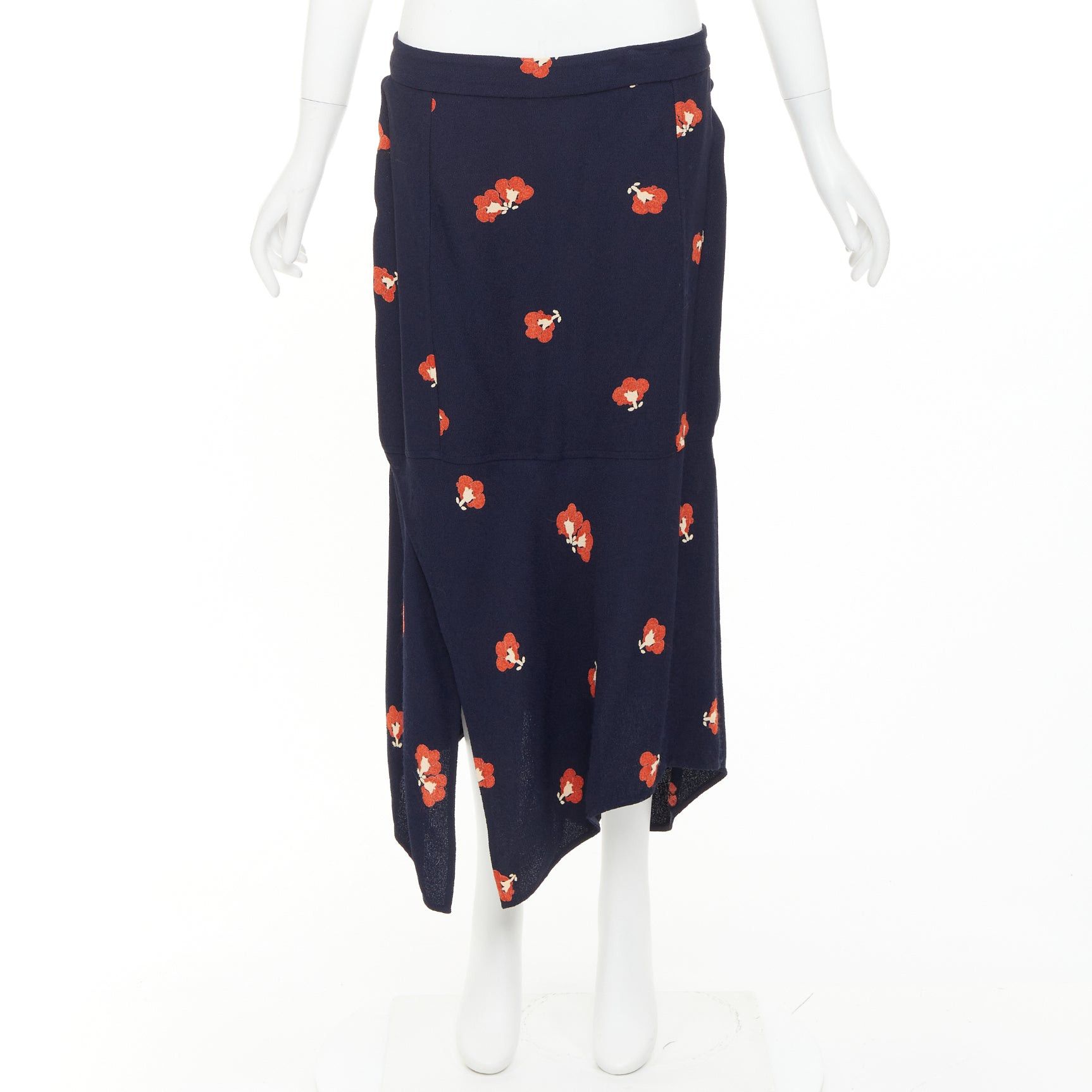 Victoria Beckham VICTORIA BECKHAM 2018 navy orange floral print asymmetric panelled midi skirt UK10 M Size 28" / US 6 / IT 42 - 9 Thumbnail