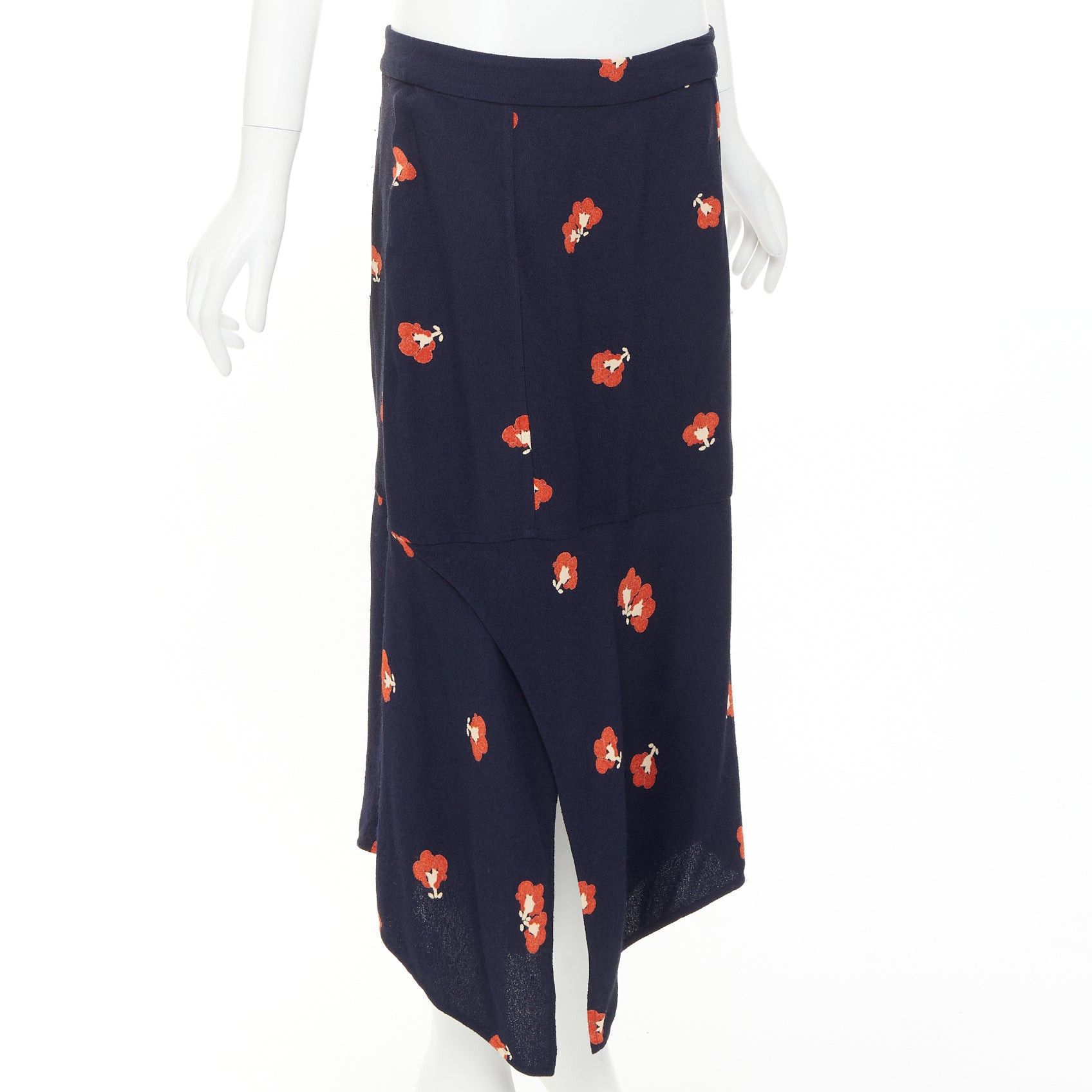 Victoria Beckham VICTORIA BECKHAM 2018 navy orange floral print asymmetric panelled midi skirt UK10 M Size 28" / US 6 / IT 42 - 3 Thumbnail