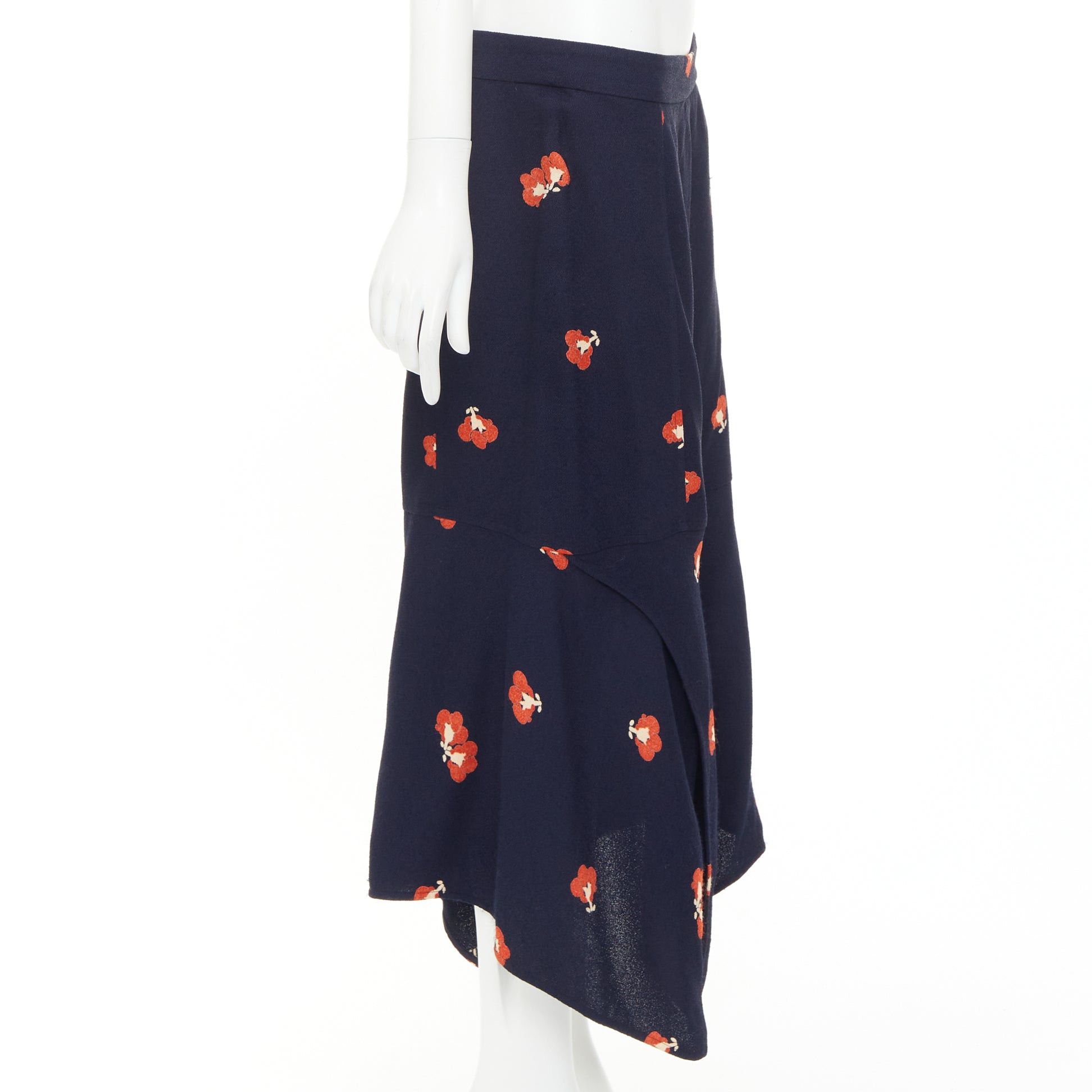 Victoria Beckham VICTORIA BECKHAM 2018 navy orange floral print asymmetric panelled midi skirt UK10 M Size 28" / US 6 / IT 42 - 4 Thumbnail