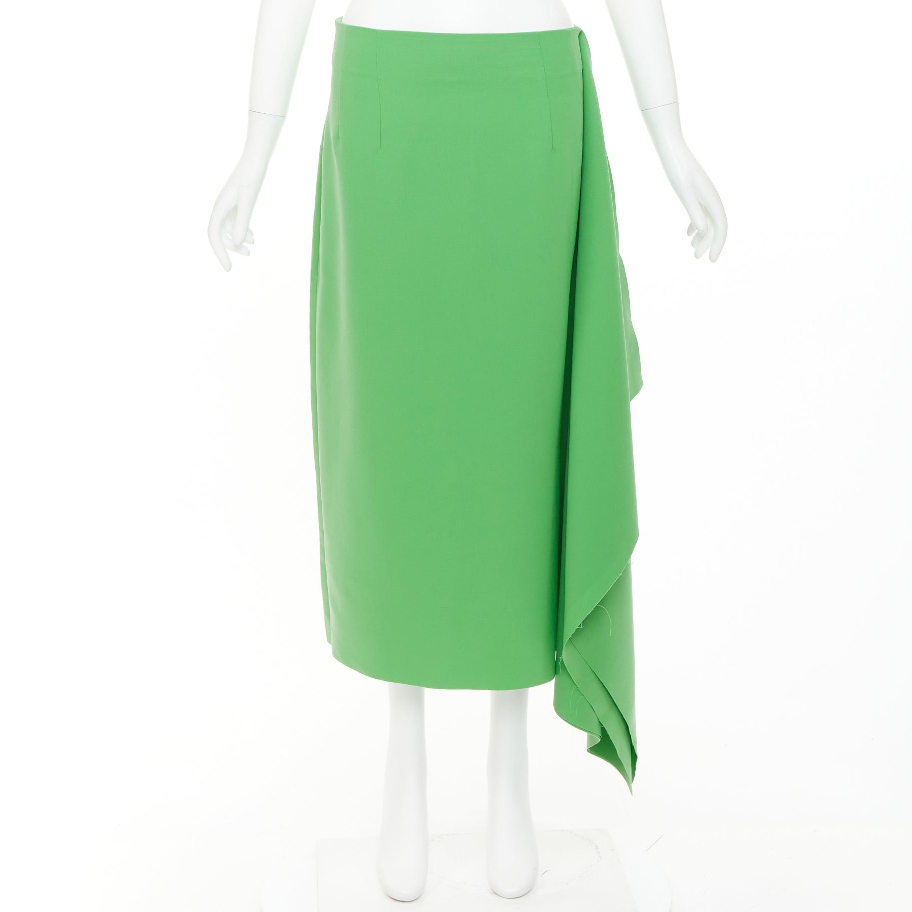 A.W.A.K.E. MODE AWAKE MODE 2022 Kelly Green crepe raw edge asymmetric draped midi skirt FR40 L Size 30" / US 8 / IT 44 - 9 Thumbnail
