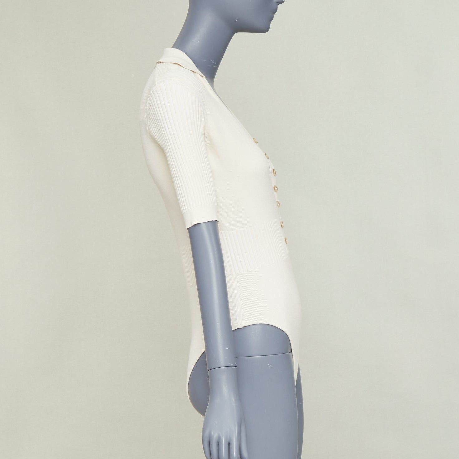 Jacquemus JACQUEMUS Le Body Yauco ivory viscose blend ribbed knit polo bodysuit top FR36 S Size S / US 4 / IT 40 - 4 Thumbnail