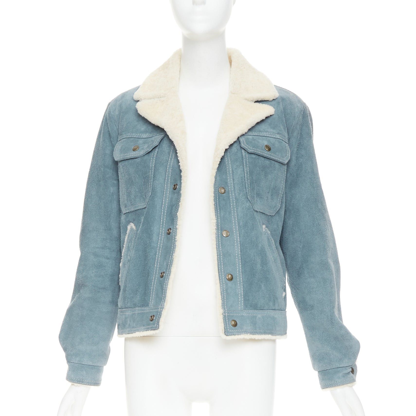 Saint Laurent Paris SAINT LAURENT 2018 blue suede cream shearing lined trucker jacket FR44 XS Size US XS / EU 42 / 0 - 2 Thumbnail