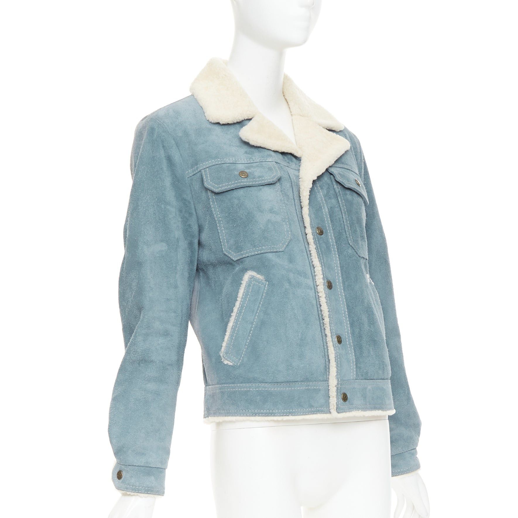 Saint Laurent Paris SAINT LAURENT 2018 blue suede cream shearing lined trucker jacket FR44 XS Size US XS / EU 42 / 0 - 3 Thumbnail