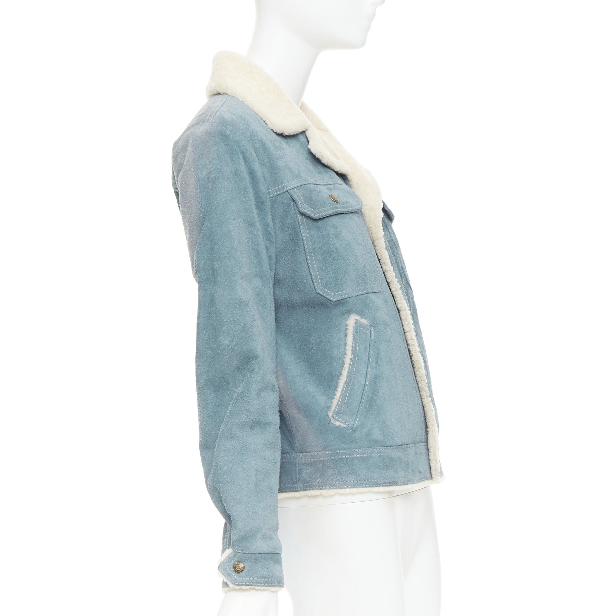 Saint Laurent Paris SAINT LAURENT 2018 blue suede cream shearing lined trucker jacket FR44 XS Size US XS / EU 42 / 0 - 4 Thumbnail