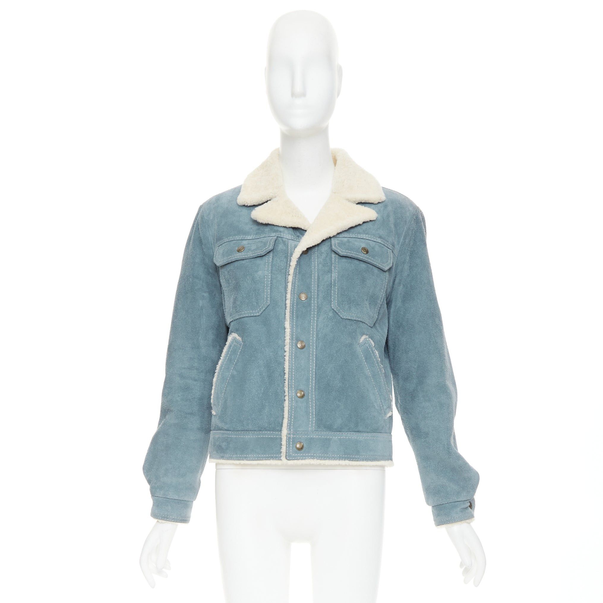 Saint Laurent Paris SAINT LAURENT 2018 blue suede cream shearing lined trucker jacket FR44 XS Size US XS / EU 42 / 0 - 11 Thumbnail