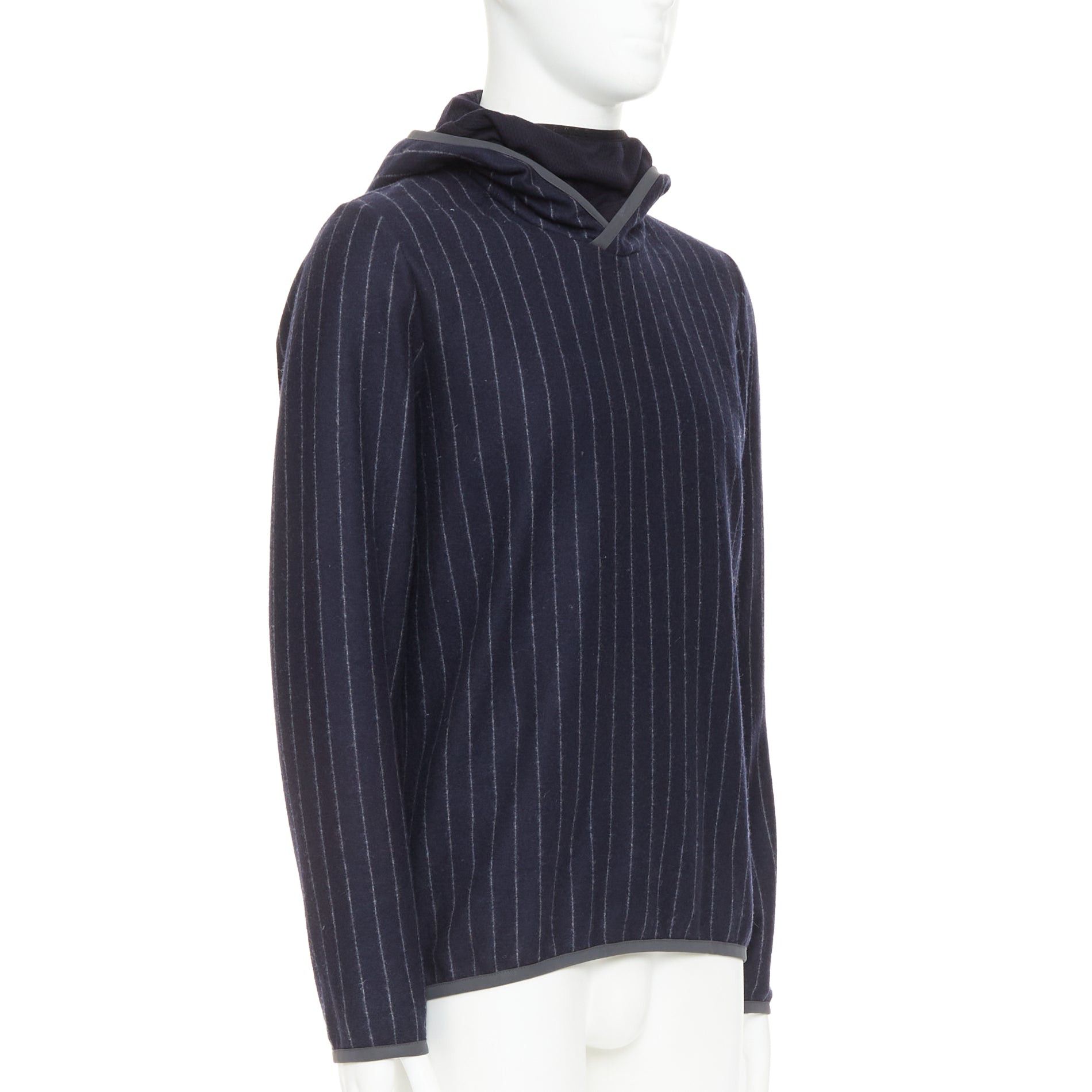 SEASE SEASE Drone Hood navy virgin wool cashmere pinstripe trimmed hoodie S Size US S / EU 44-46 / 1 - 3 Thumbnail