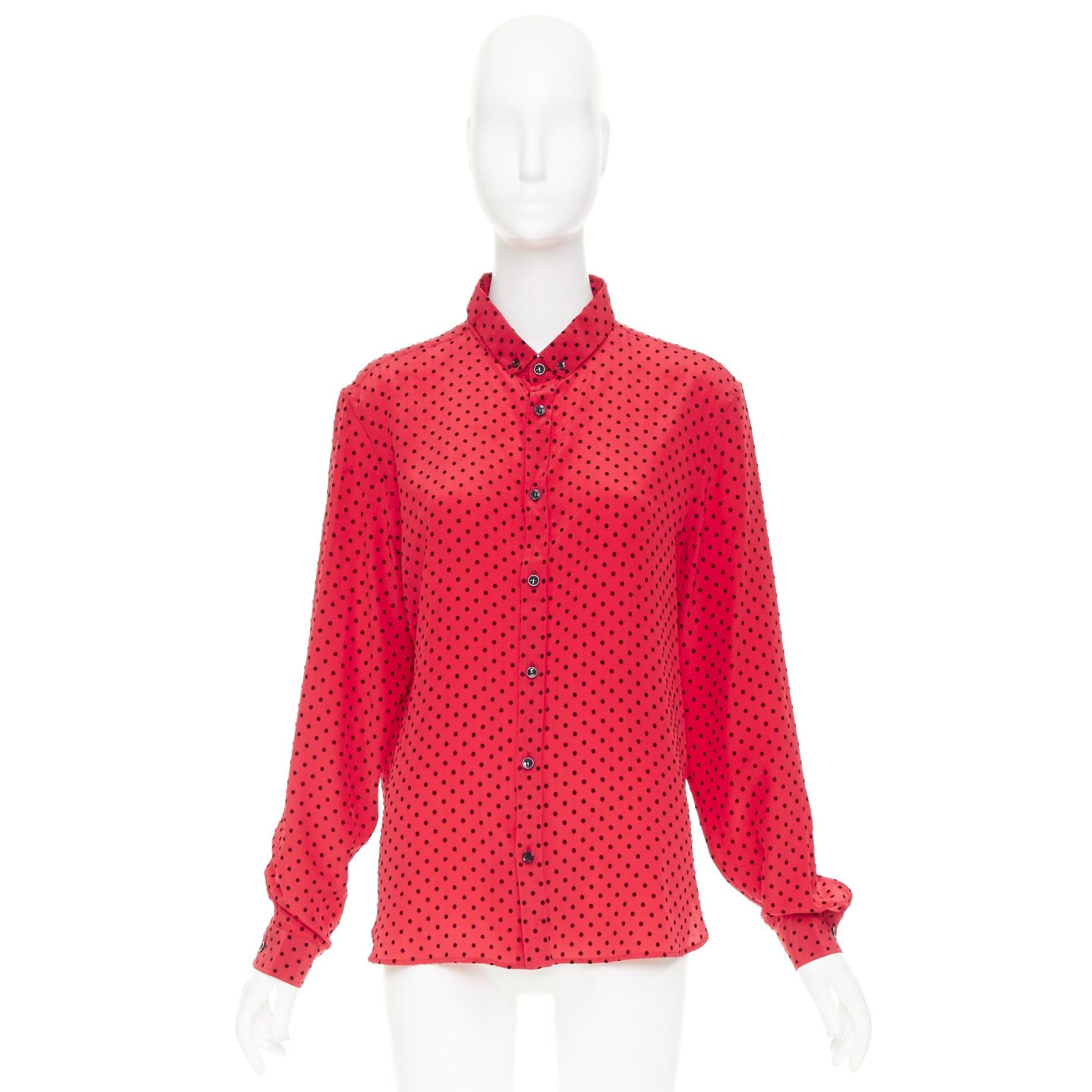 Saint Laurent Paris SAINT LAURENT 2021 red black 100% silk polka dot ladybug velvet print casual shirt FR38 M Size M / US 6-8 / IT 42-44 - 9 Thumbnail