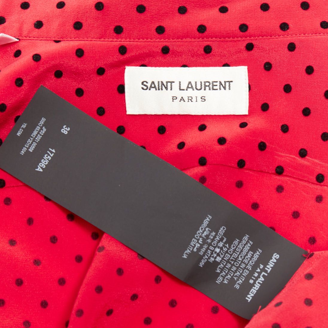 Saint Laurent Paris SAINT LAURENT 2021 red black 100% silk polka dot ladybug velvet print casual shirt FR38 M Size M / US 6-8 / IT 42-44 - 8 Thumbnail