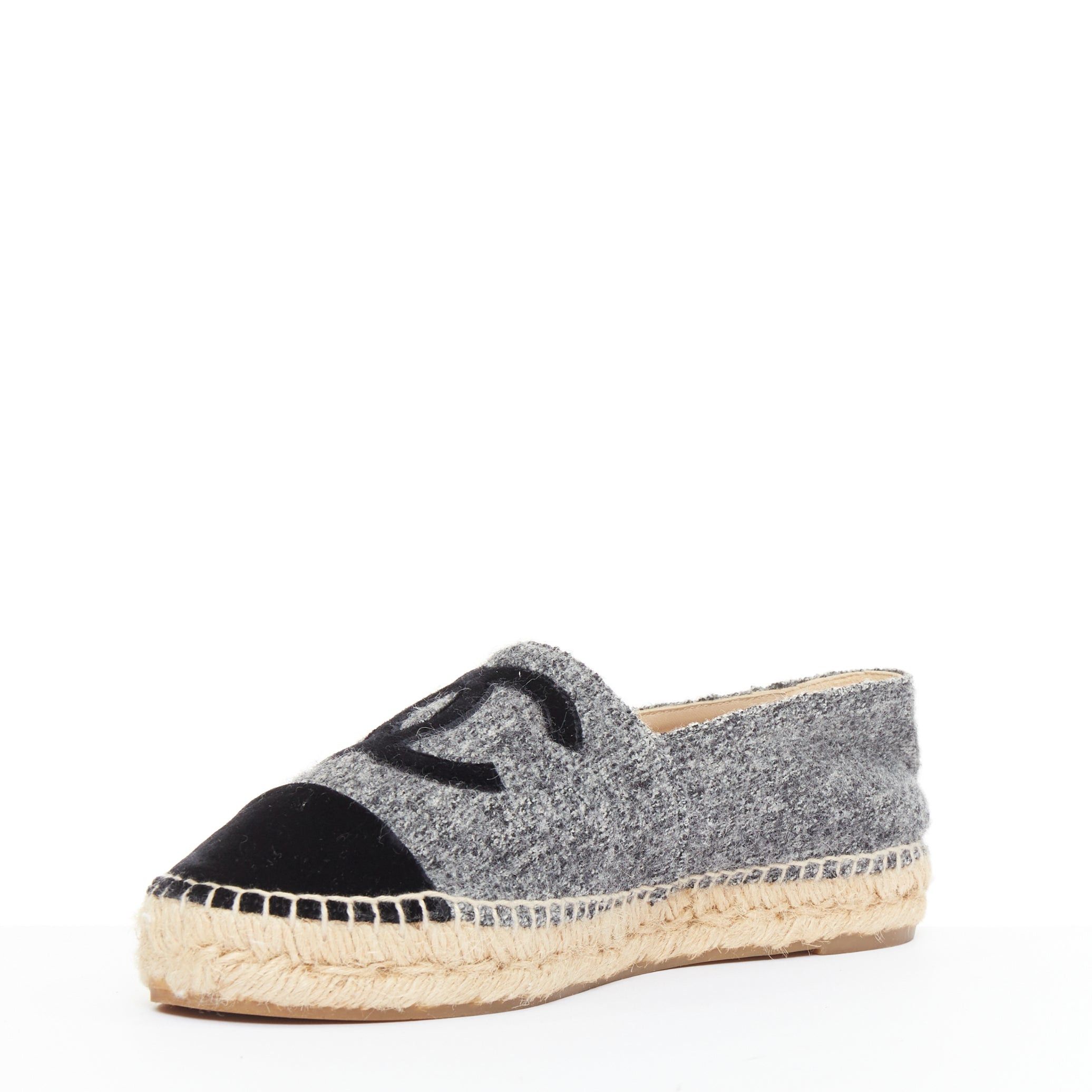 Chanel CHANEL 2021 grey wool felt black CC velvet applique espadrille flats EU39 Size US 9 / IT 39 - 4 Thumbnail