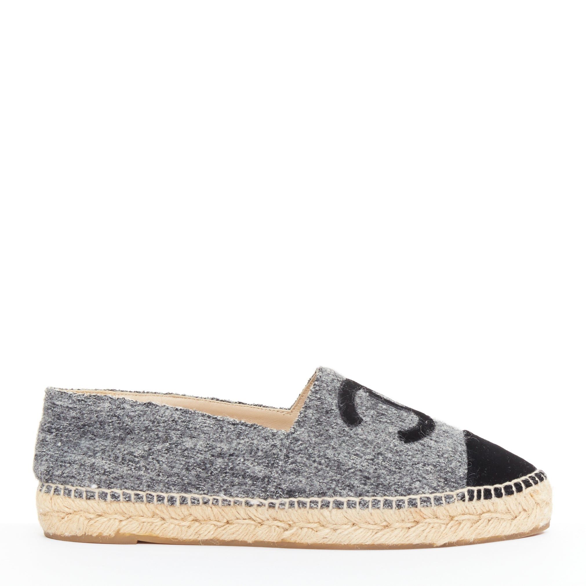 Chanel CHANEL 2021 grey wool felt black CC velvet applique espadrille flats EU39 Size US 9 / IT 39 - 2 Thumbnail