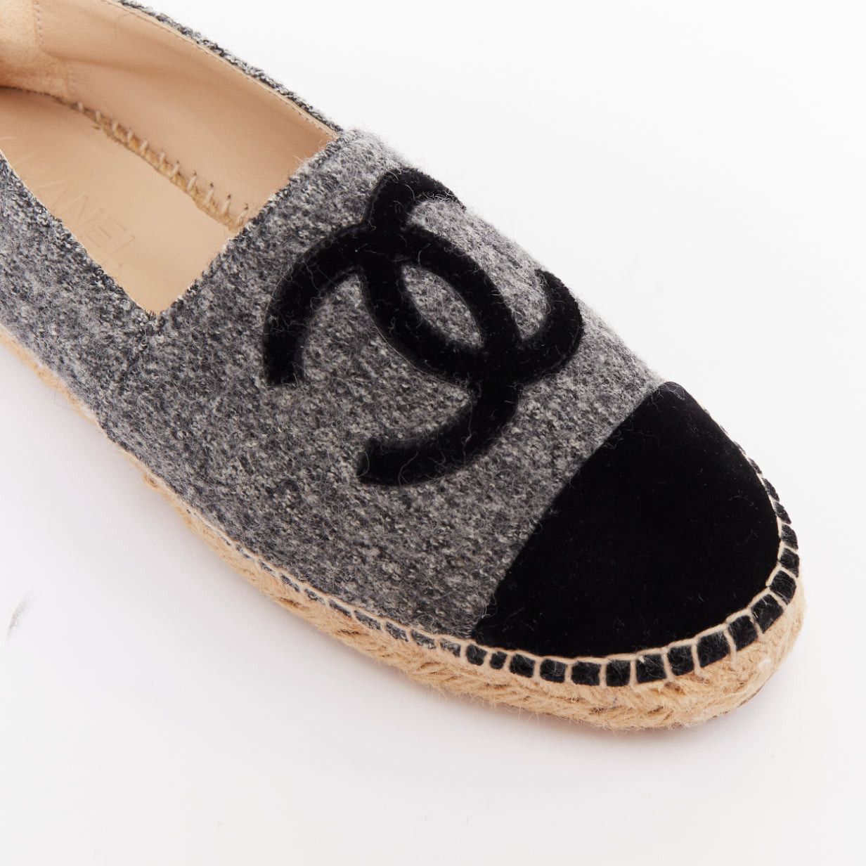 Chanel CHANEL 2021 grey wool felt black CC velvet applique espadrille flats EU39 Size US 9 / IT 39 - 7 Thumbnail