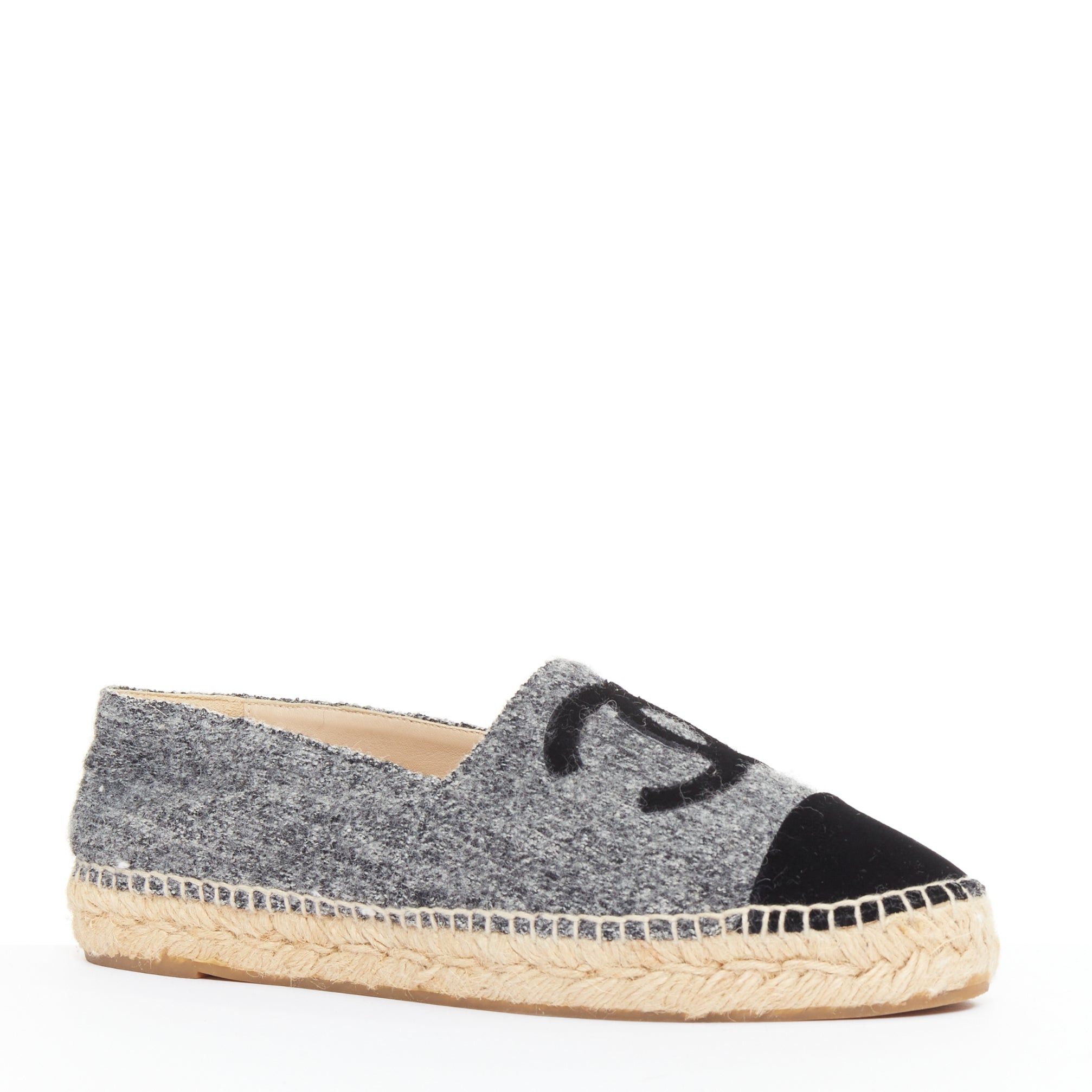 Chanel CHANEL 2021 grey wool felt black CC velvet applique espadrille flats EU39 Size US 9 / IT 39 - 3 Thumbnail