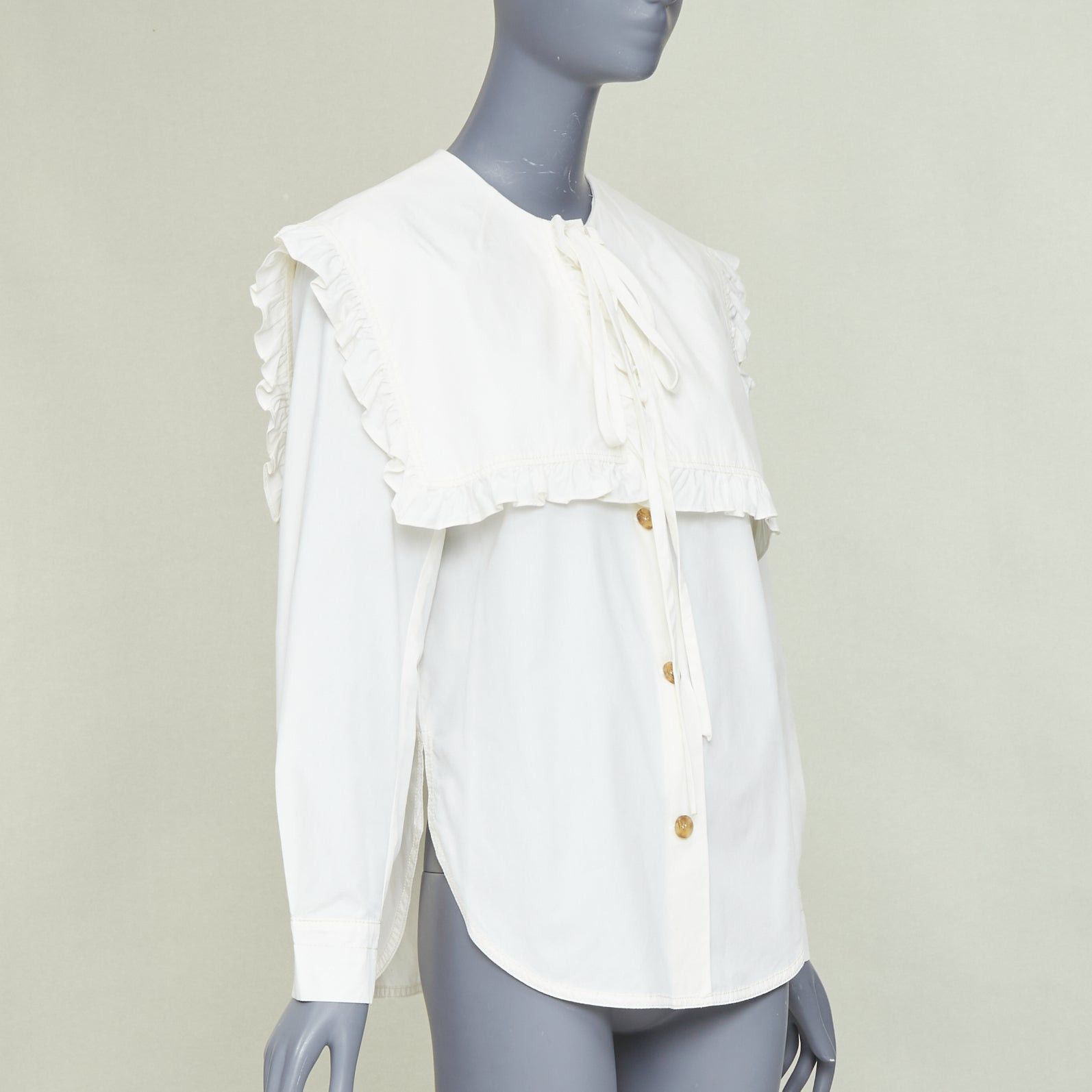 Rejina Pyo REJINA PYO Tate cream white ruffled sailor collar cotton-poplin long sleeve bow shirt S Size S / US 4 / IT 40 - 3 Thumbnail