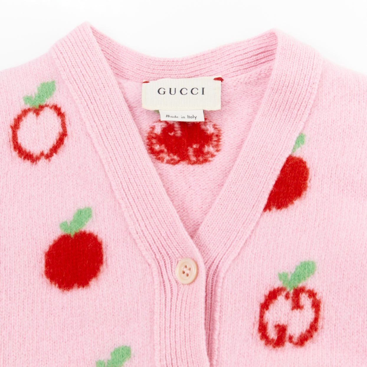 Gucci GUCCI KIDS pink red 100% wool apple GG intarsia knit cardigan sweater 18/24M Size ONE SIZE - 3 Thumbnail
