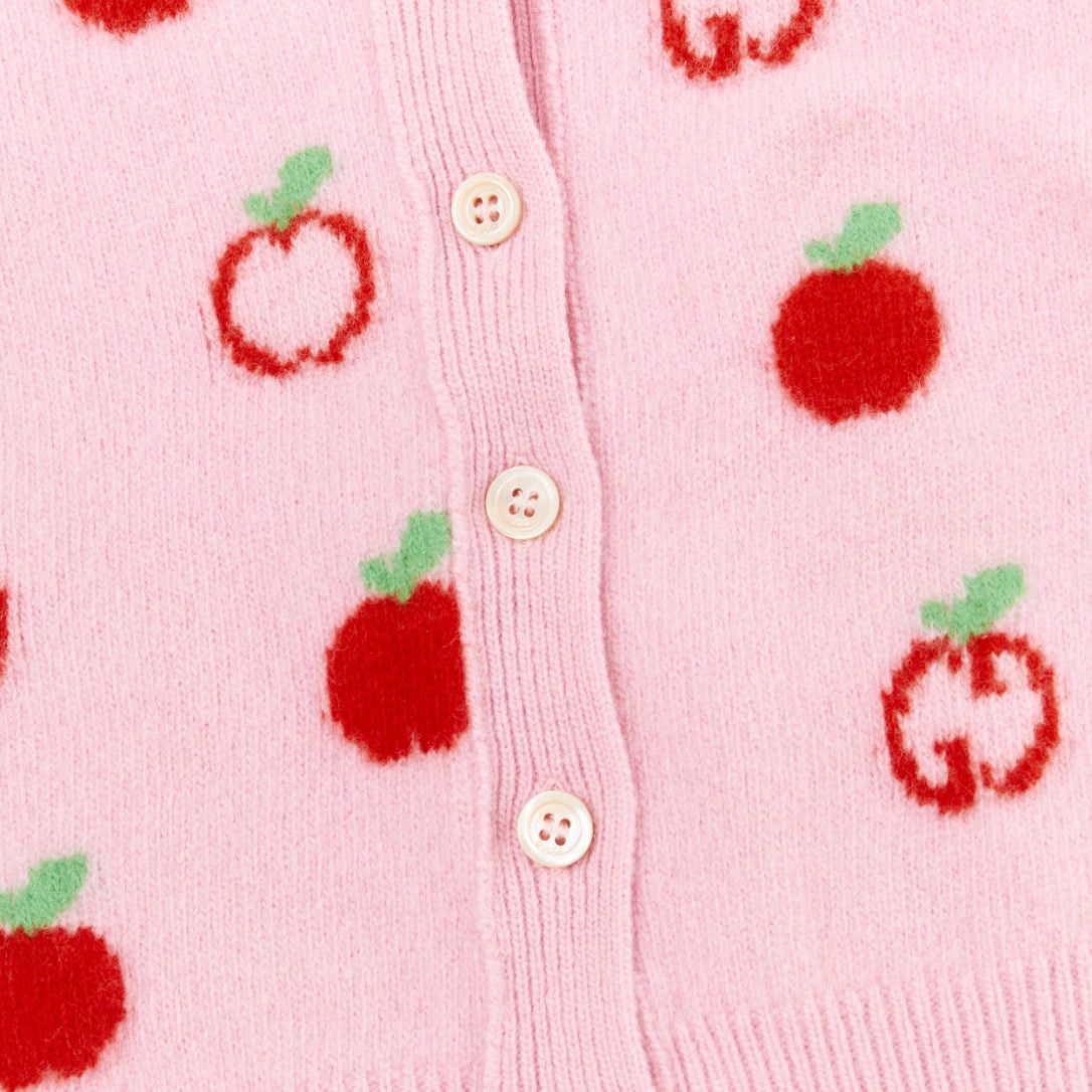 Gucci GUCCI KIDS pink red 100% wool apple GG intarsia knit cardigan sweater 18/24M Size ONE SIZE - 4 Thumbnail