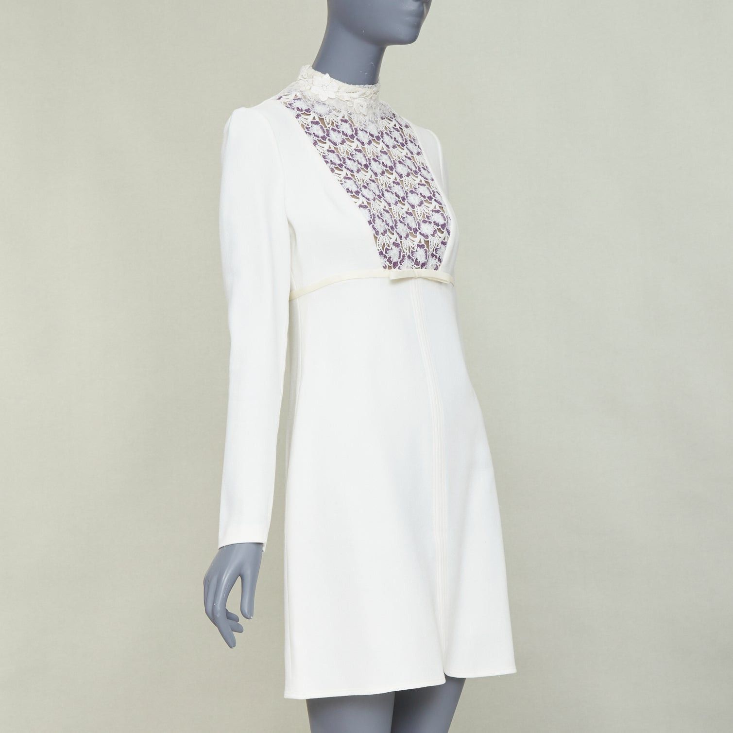 Giambattista Valli GIAMBATTISTA VALLI cream wool crepe purple floral lace bib high neck mini dress IT42 S Size M / US 6-8 / IT 42-44 - 3 Thumbnail