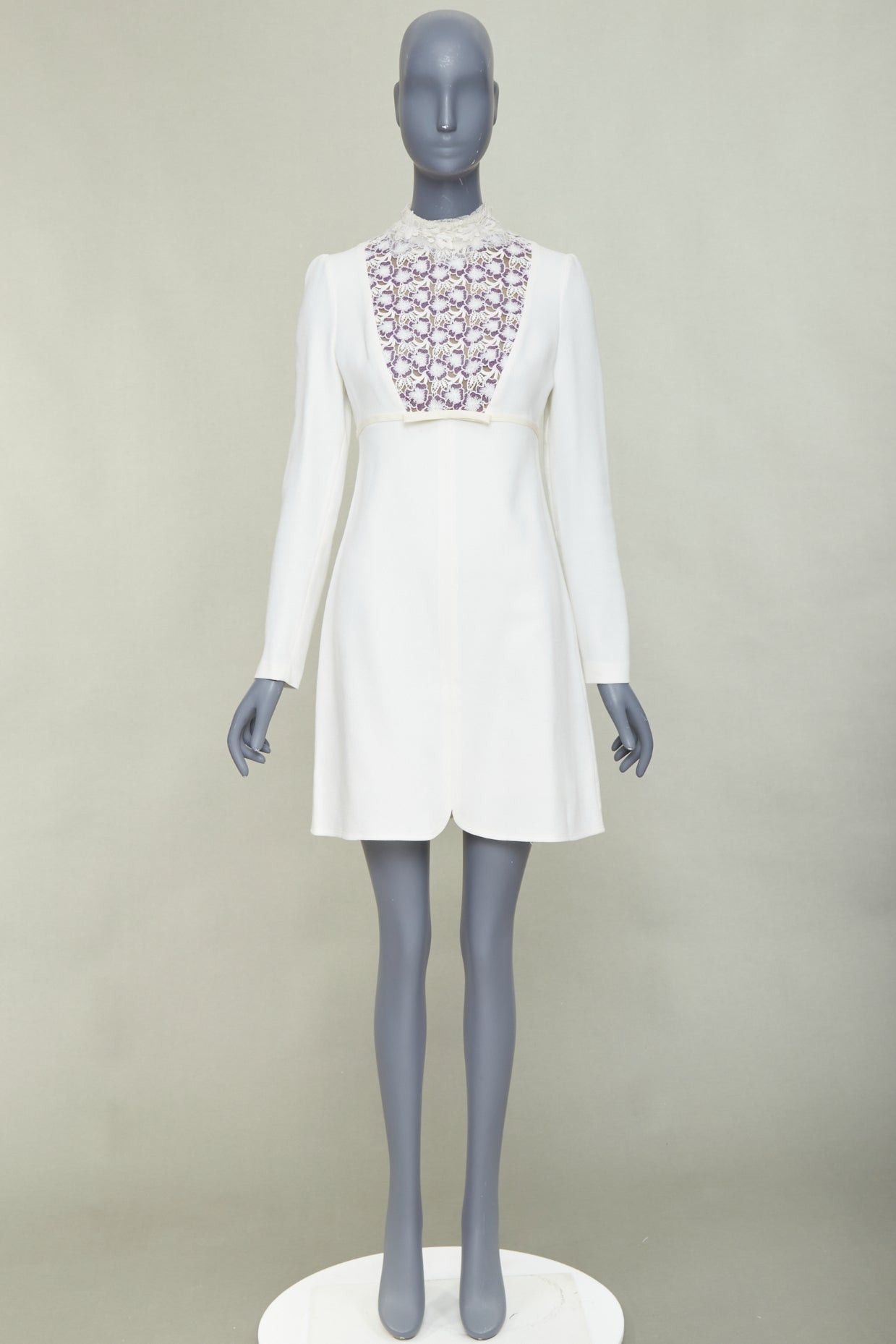 Giambattista Valli GIAMBATTISTA VALLI cream wool crepe purple floral lace bib high neck mini dress IT42 S Size M / US 6-8 / IT 42-44 - 10 Thumbnail