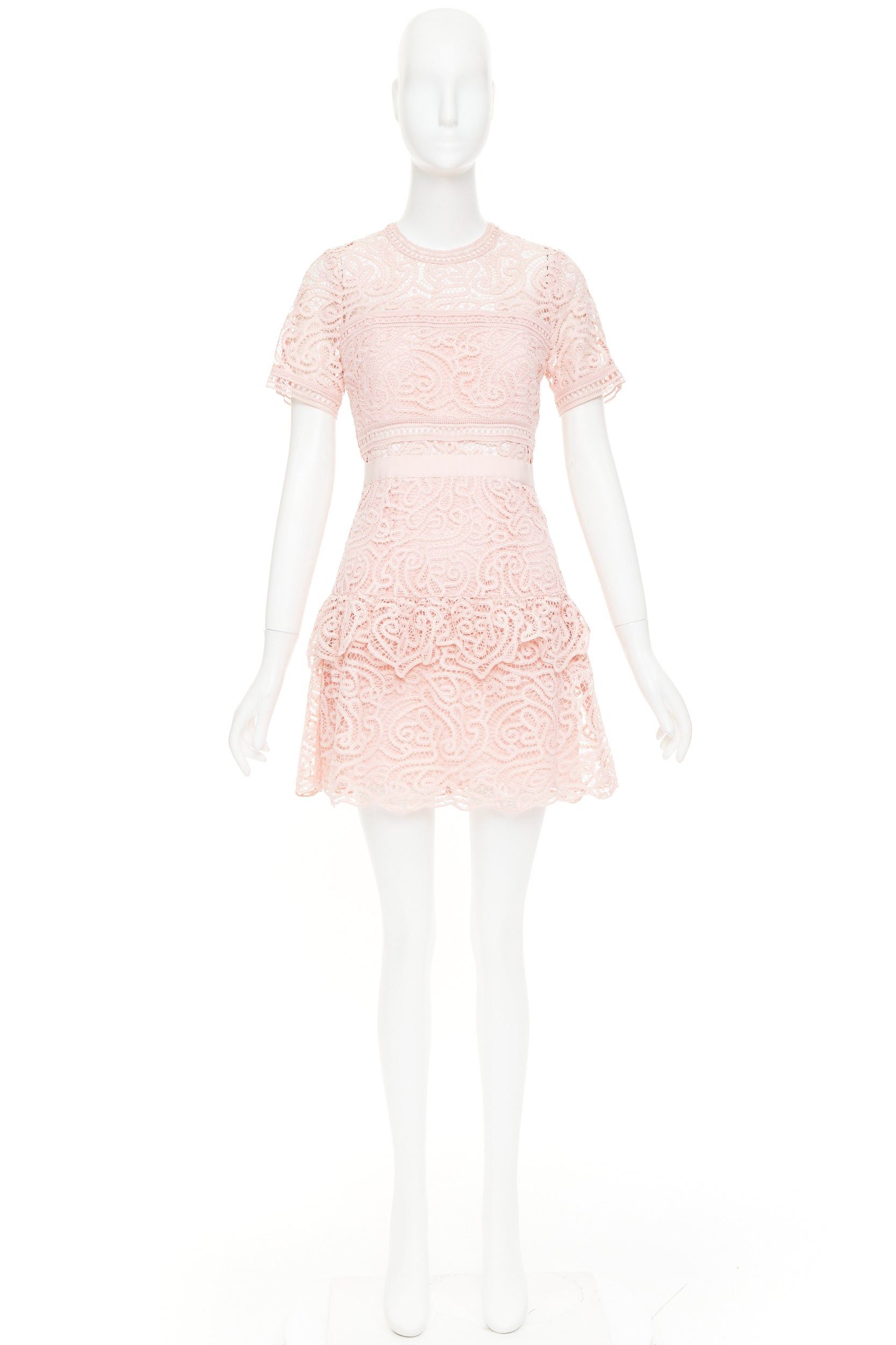 Self-Portrait SELF PORTRAIT 2022 Abstract Guipure pink embellished lace sheer tiered skirt dress UK8 S Size S / US 4 / IT 40 - 9 Thumbnail