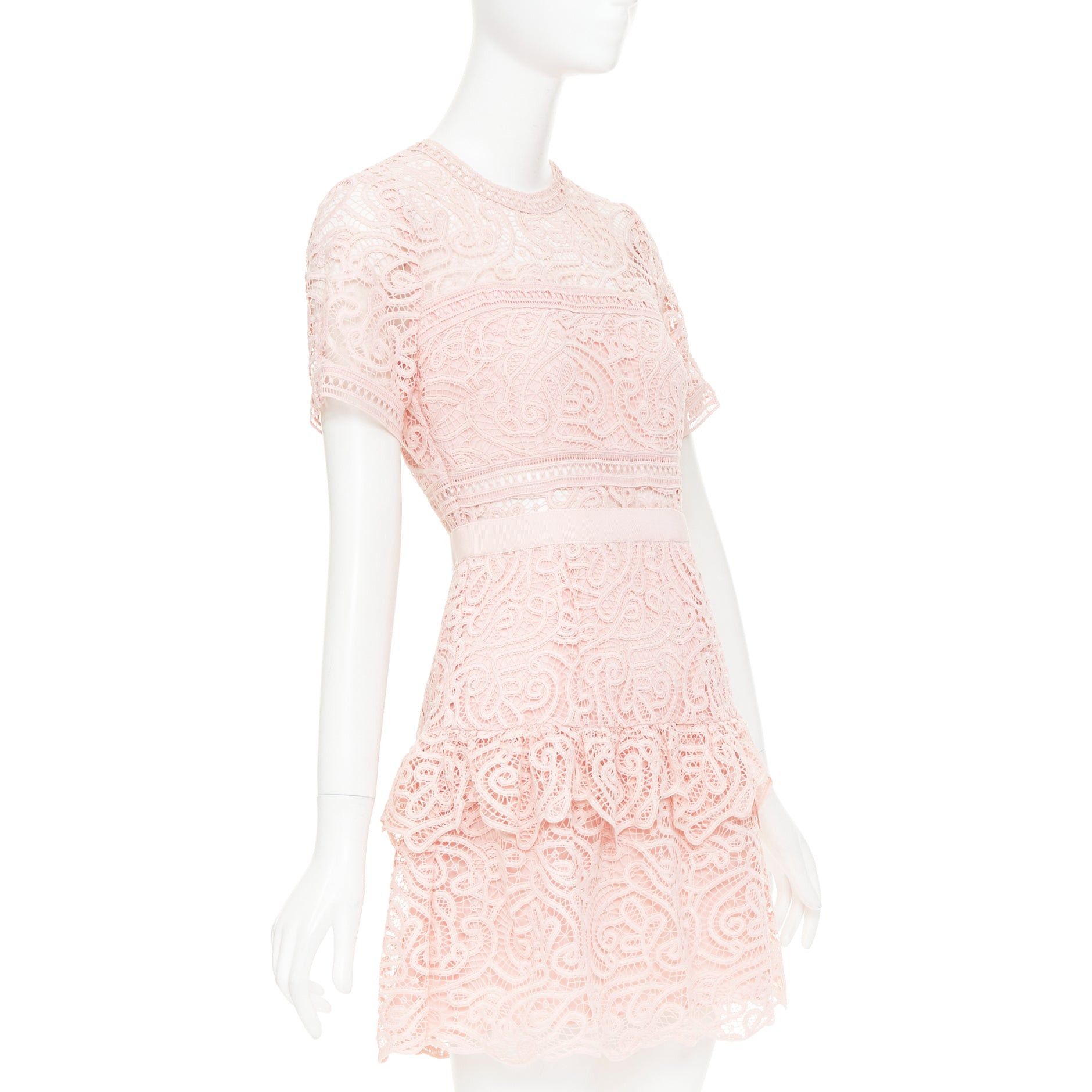 Self-Portrait SELF PORTRAIT 2022 Abstract Guipure pink embellished lace sheer tiered skirt dress UK8 S Size S / US 4 / IT 40 - 3 Thumbnail