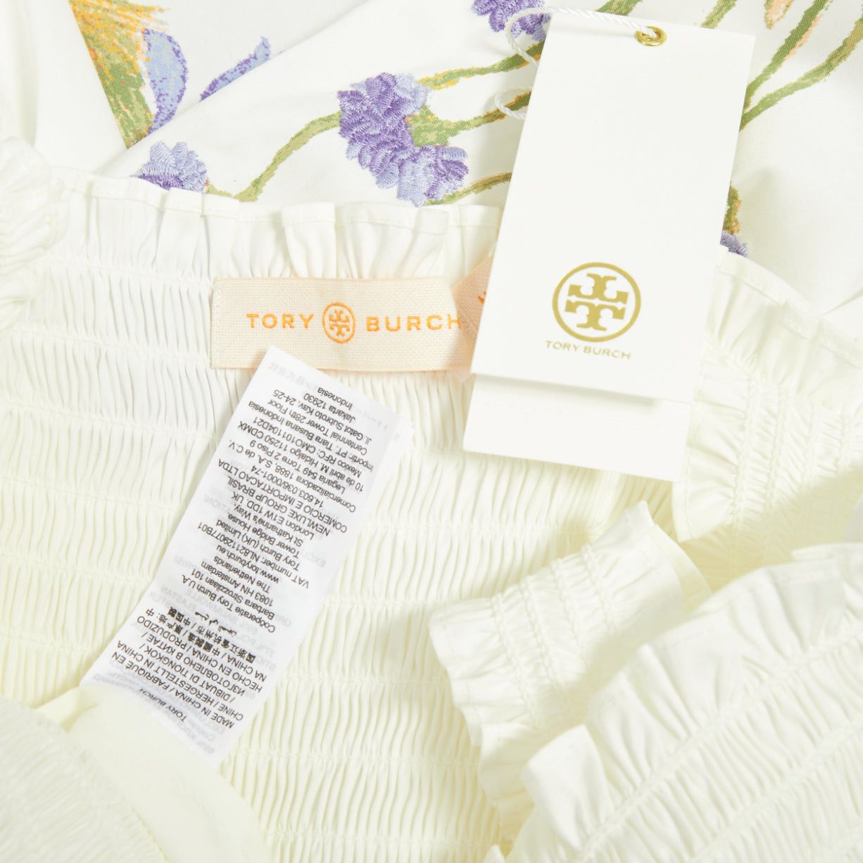 Tory Burch TORY BURCH Embroidered Smocked Midi ivory purple flower embroidery midi dress M Size M / US 6-8 / IT 42-44 - 8 Thumbnail