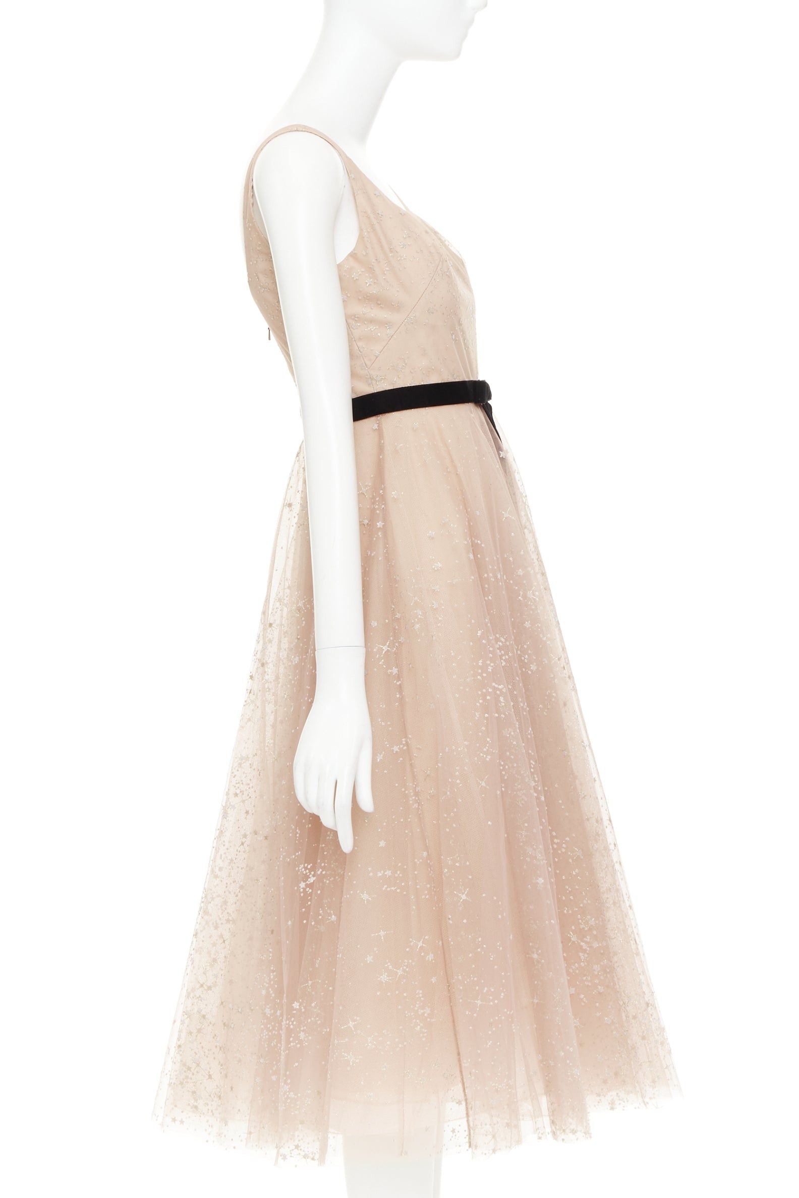 Marchesa MARCHESA NOTTE blush pink glitter tulle black velvet bow tea length gown US2 S Size S / US 4 / IT 40 - 4 Thumbnail