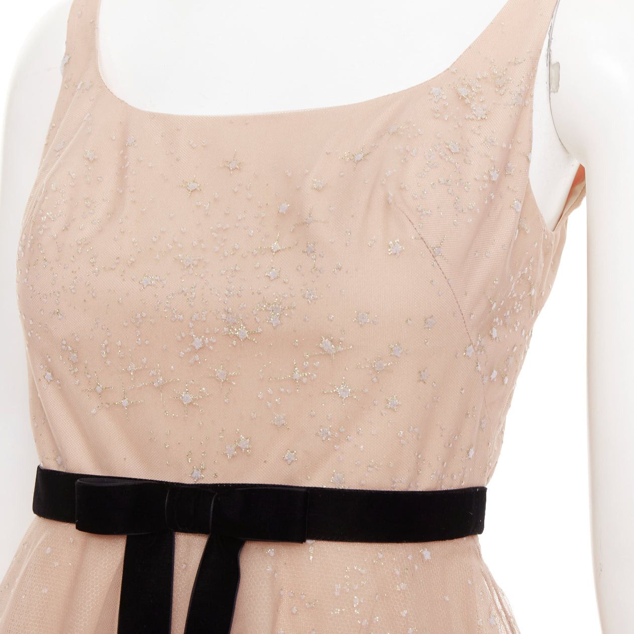 Marchesa MARCHESA NOTTE blush pink glitter tulle black velvet bow tea length gown US2 S Size S / US 4 / IT 40 - 2 Thumbnail