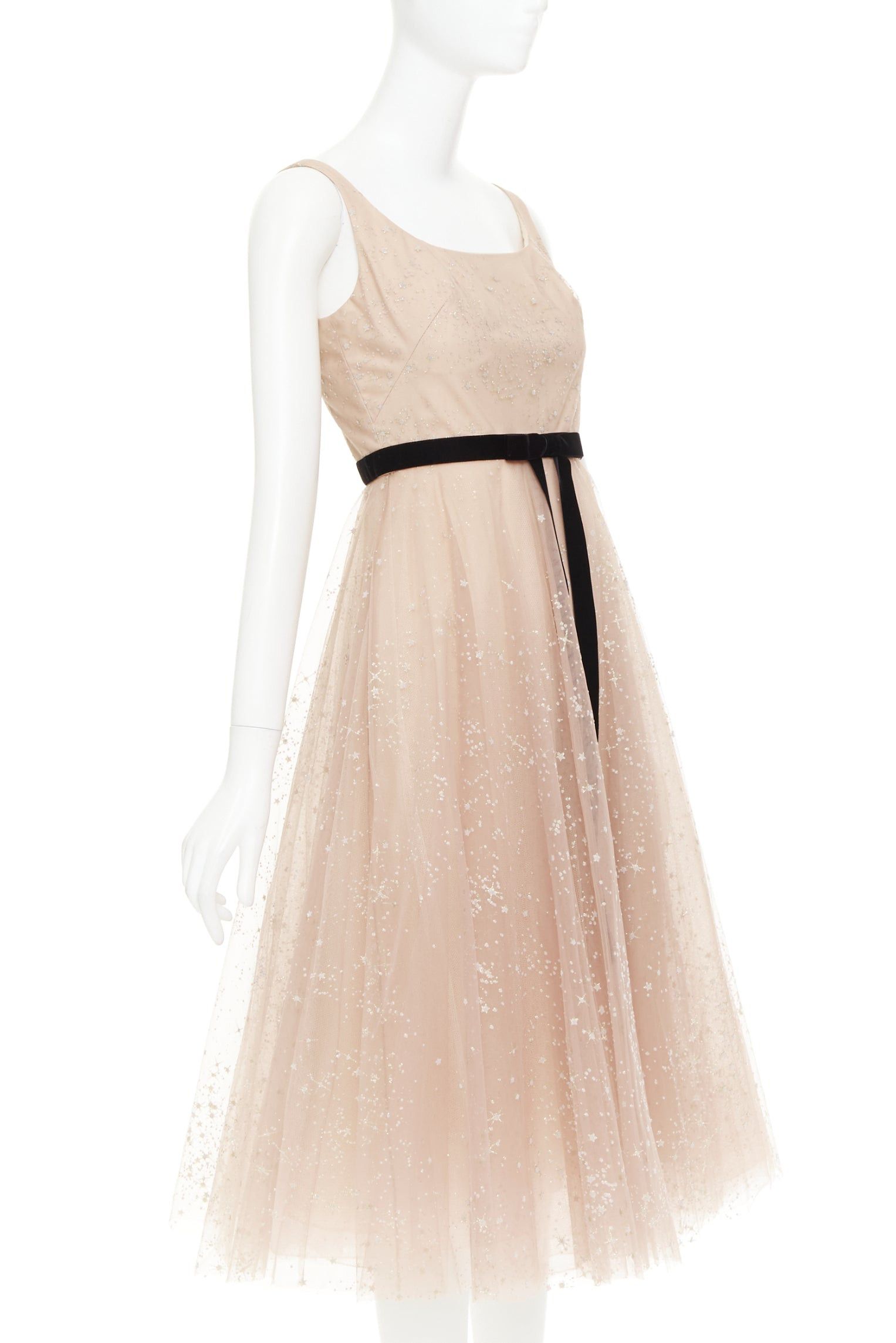 Marchesa MARCHESA NOTTE blush pink glitter tulle black velvet bow tea length gown US2 S Size S / US 4 / IT 40 - 3 Thumbnail