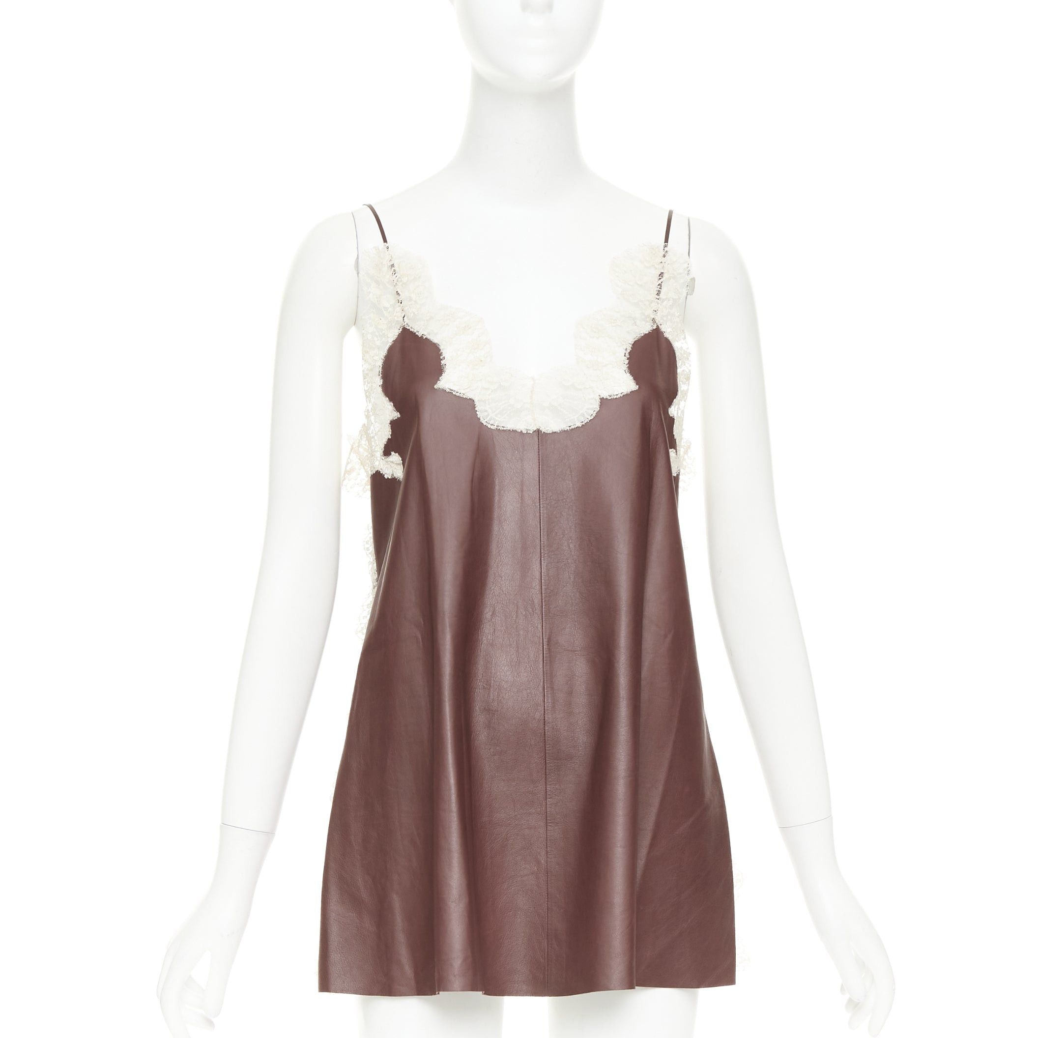 Dior DIOR 2016 Raf Simons brown lambskin leather lace trim micro slip dress FR36 S Size S / US 4 / IT 40 - 3 Thumbnail