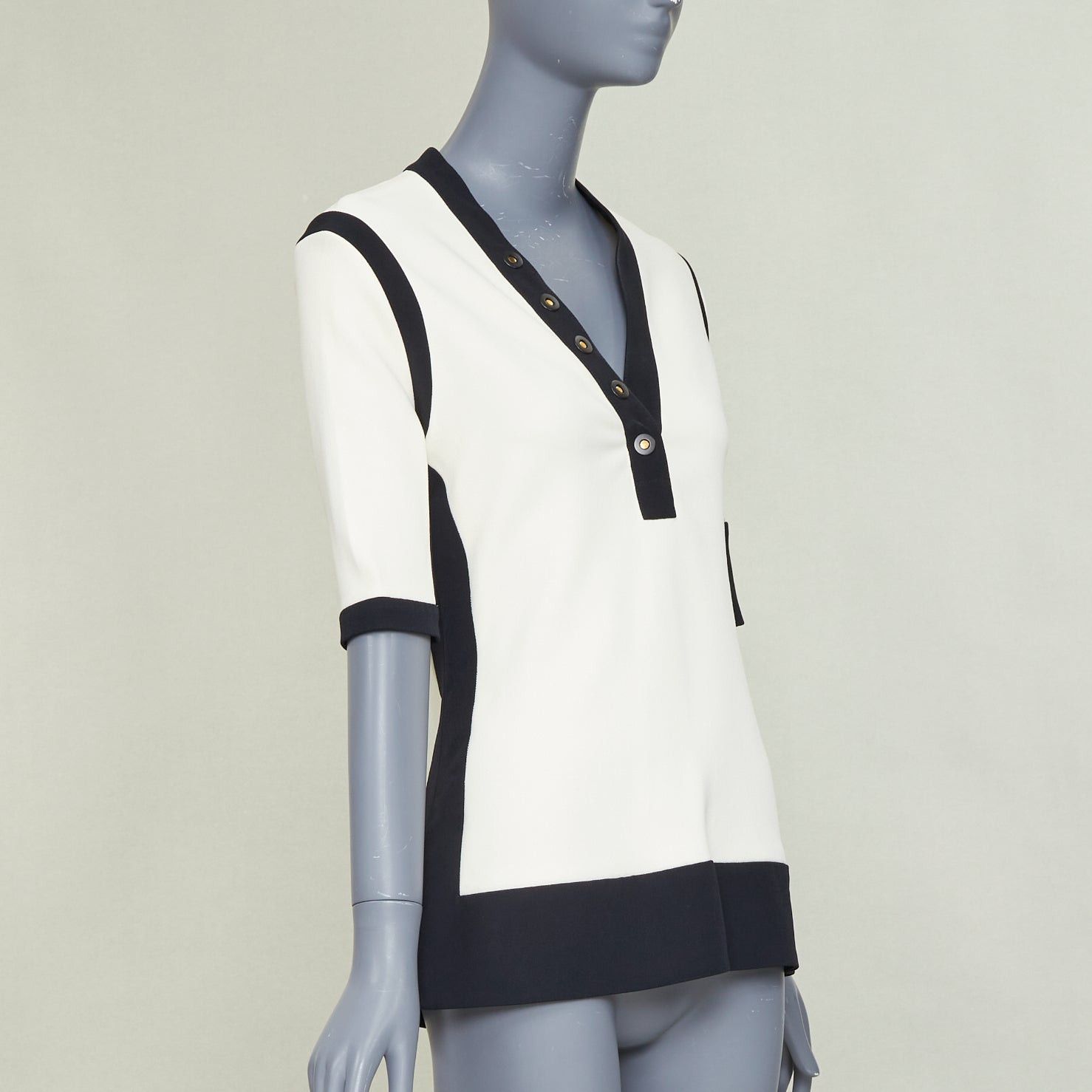 Balenciaga BALENCIAGA 2015 cream black rayon blend colorblock V neck button top FR38 M Size M / US 6-8 / IT 42-44 - 3 Thumbnail