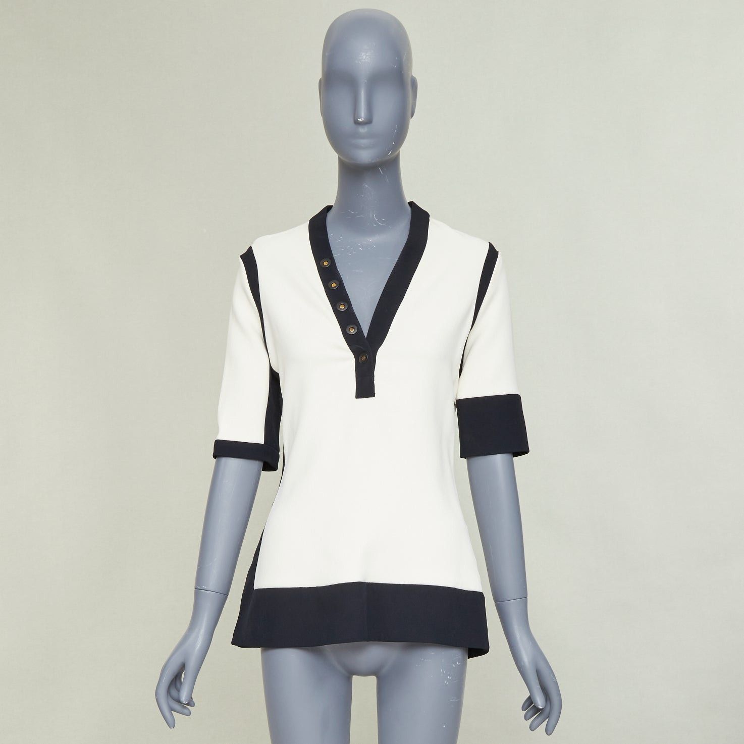 Balenciaga BALENCIAGA 2015 cream black rayon blend colorblock V neck button top FR38 M Size M / US 6-8 / IT 42-44 - 9 Thumbnail