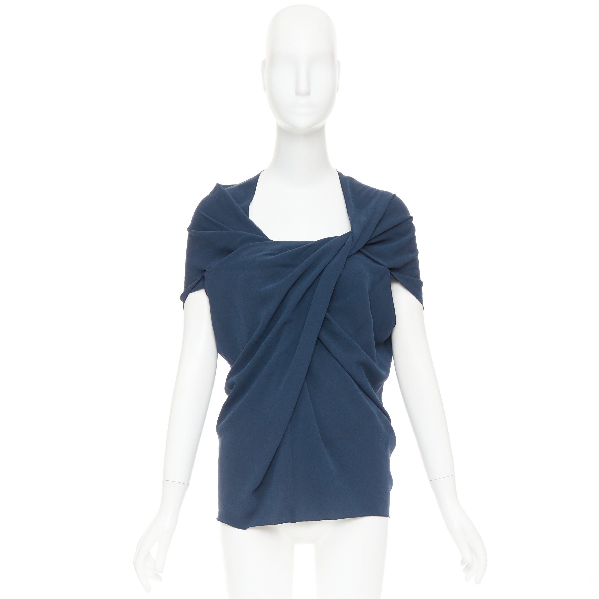 Lanvin LANVIN 2009 navy triacetate blend twist front square neck ruched sleeves top FR34 XS Size XS / US 0-2 / IT 36-38 - 9 Thumbnail