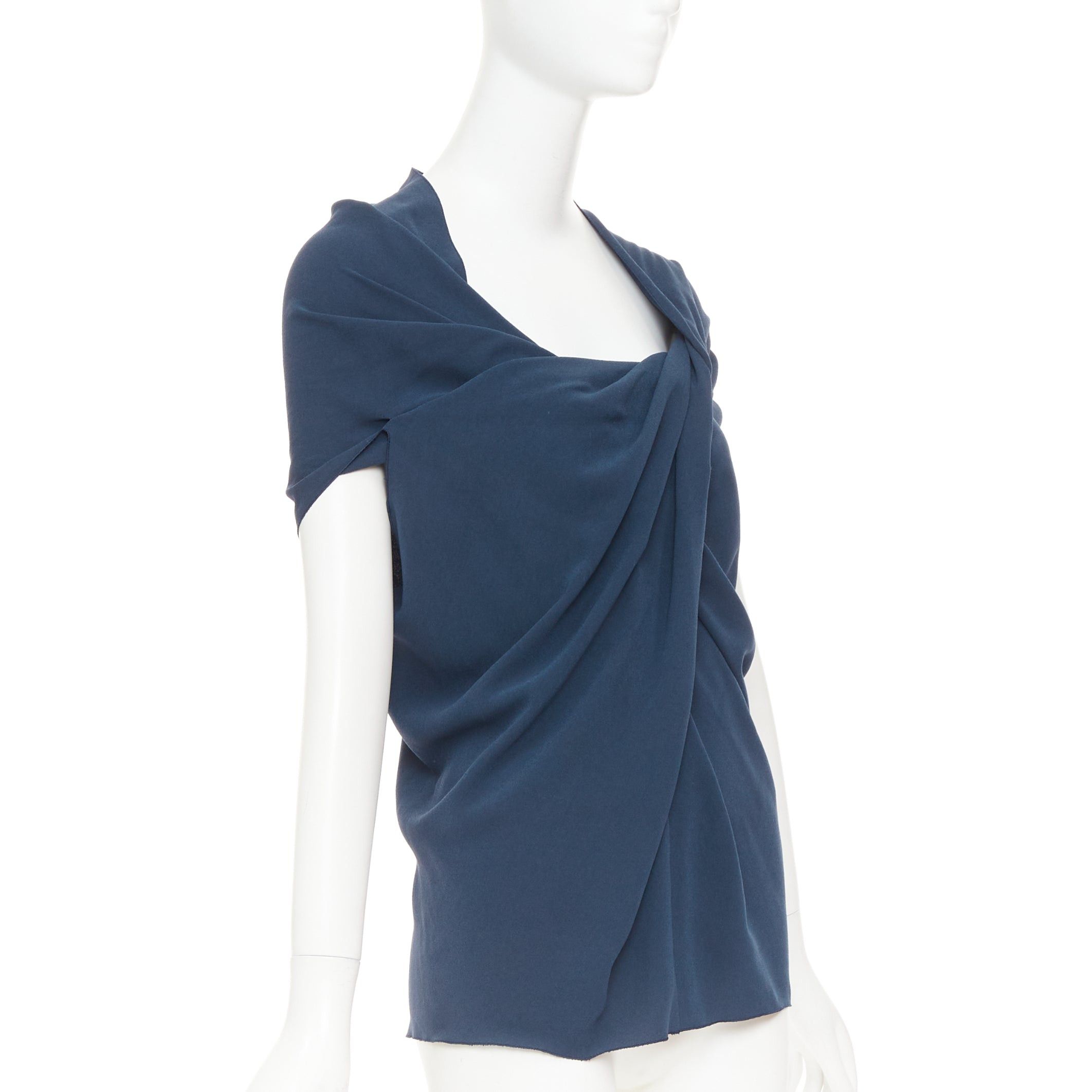 Lanvin LANVIN 2009 navy triacetate blend twist front square neck ruched sleeves top FR34 XS Size XS / US 0-2 / IT 36-38 - 3 Thumbnail