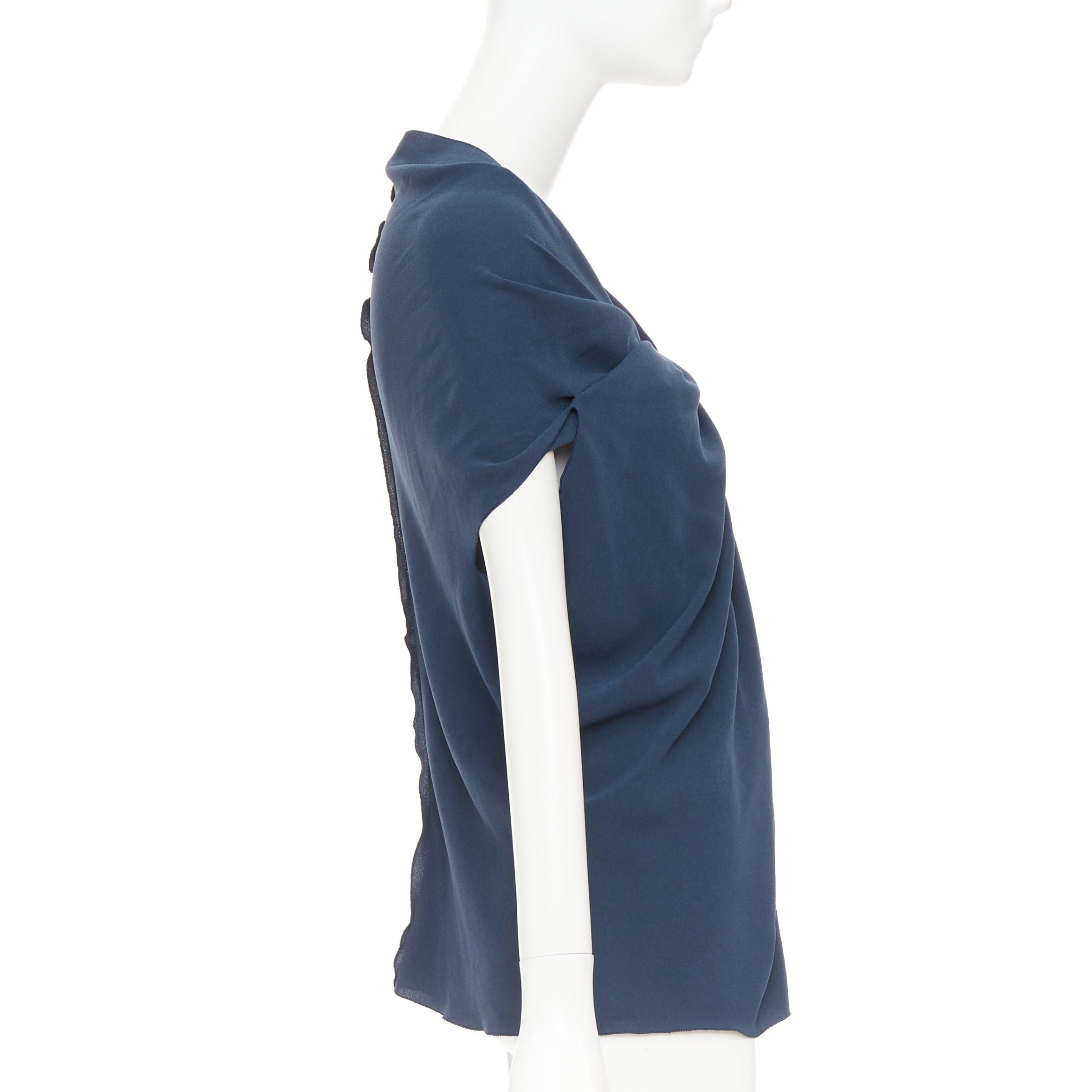 Lanvin LANVIN 2009 navy triacetate blend twist front square neck ruched sleeves top FR34 XS Size XS / US 0-2 / IT 36-38 - 4 Thumbnail