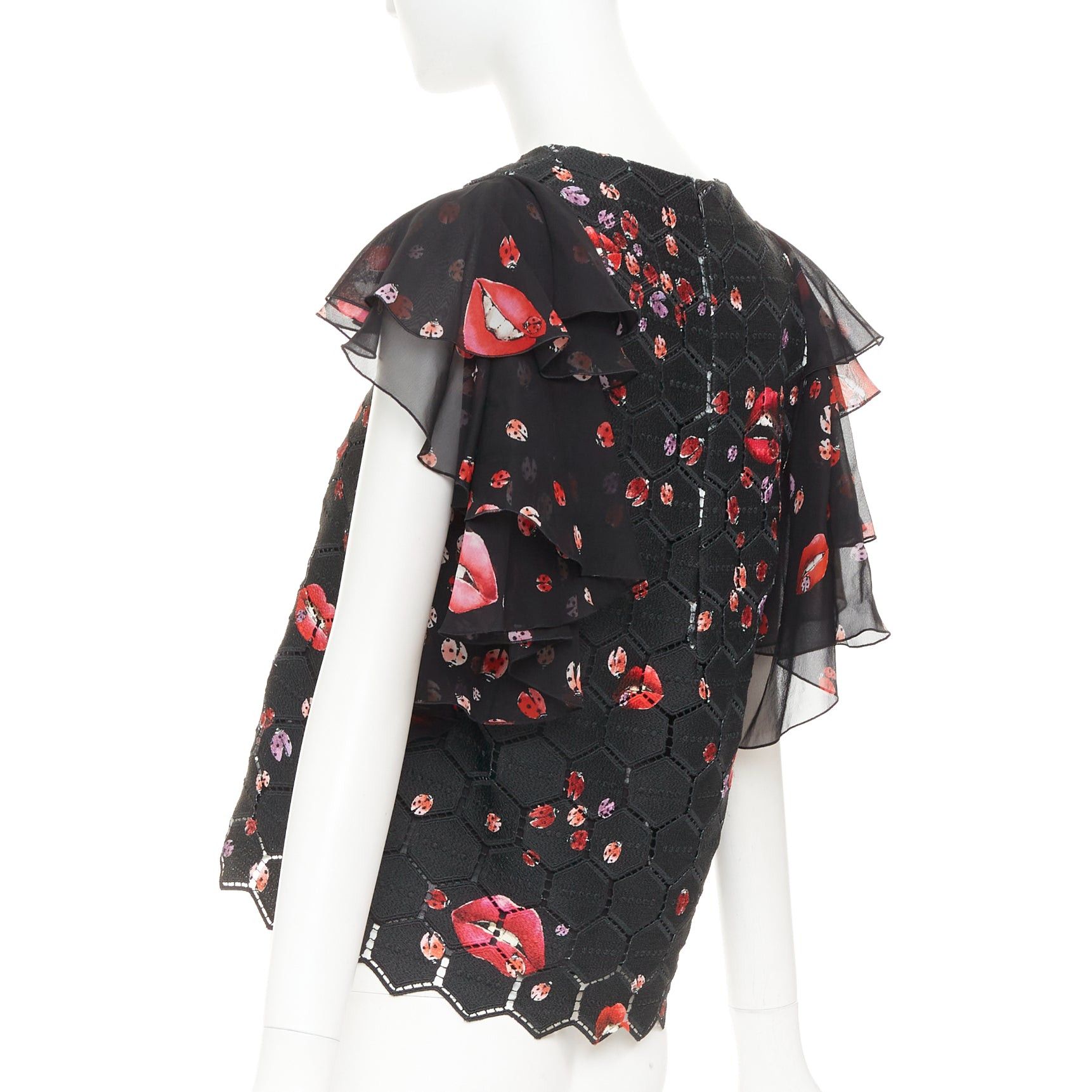 Giambattista Valli GIAMBA GIAMBATTISTA VALLI black red lady bugs lip embroidered scalloped flutter sleeve top IT40 XS Size S / US 4 / IT 40 - 6 Thumbnail