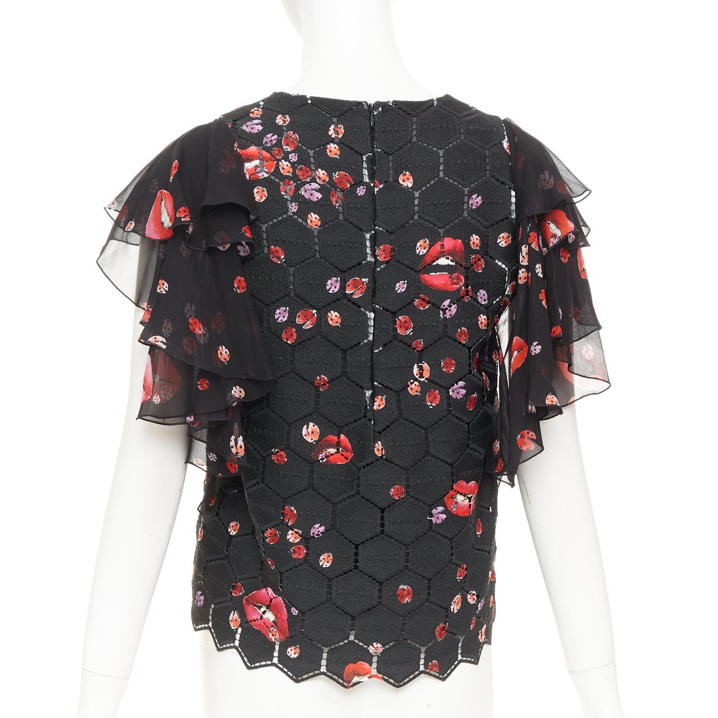Giambattista Valli GIAMBA GIAMBATTISTA VALLI black red lady bugs lip embroidered scalloped flutter sleeve top IT40 XS Size S / US 4 / IT 40 - 5 Thumbnail