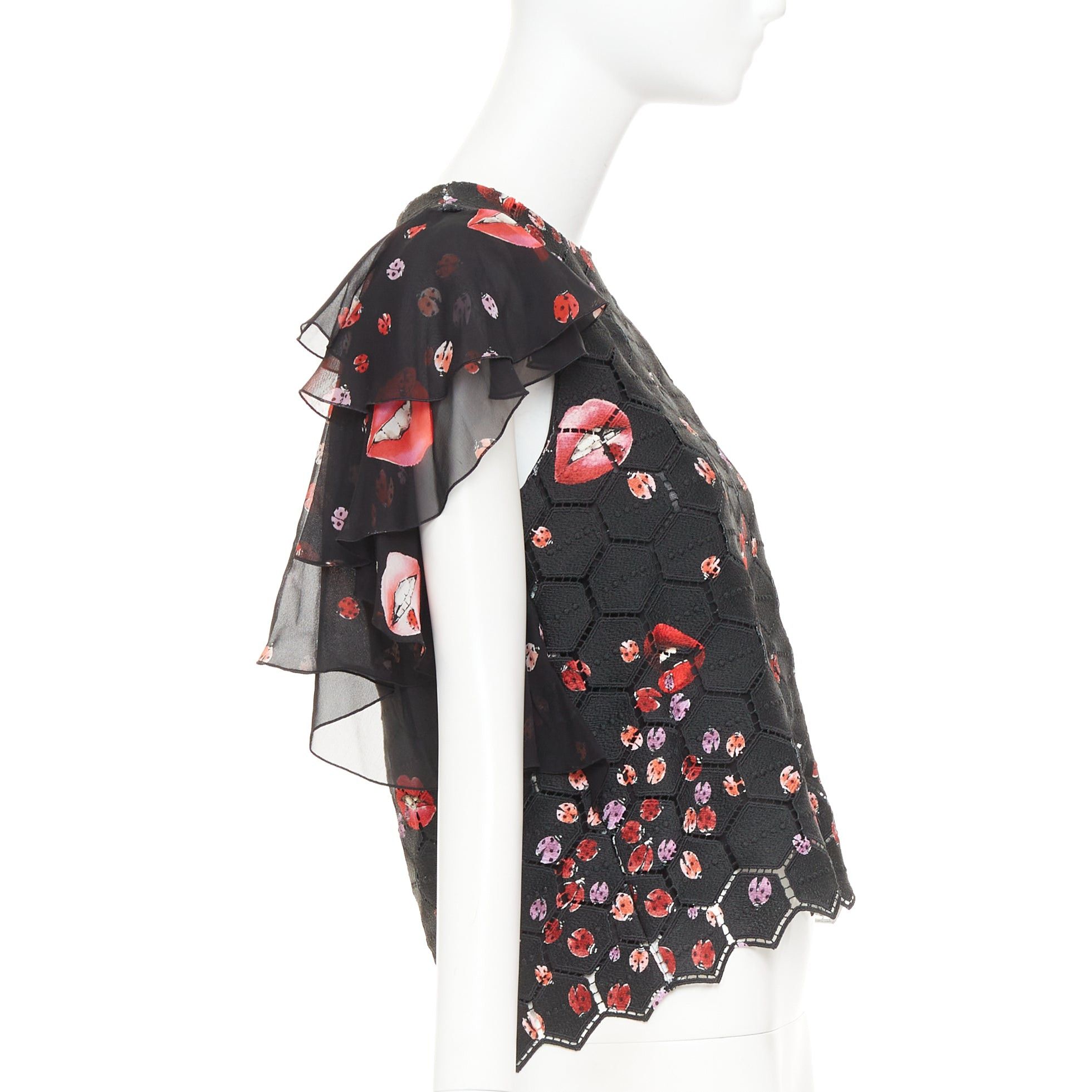 Giambattista Valli GIAMBA GIAMBATTISTA VALLI black red lady bugs lip embroidered scalloped flutter sleeve top IT40 XS Size S / US 4 / IT 40 - 4 Thumbnail