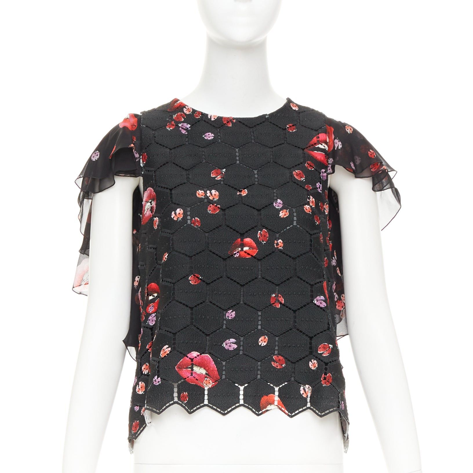 Giambattista Valli GIAMBA GIAMBATTISTA VALLI black red lady bugs lip embroidered scalloped flutter sleeve top IT40 XS Size S / US 4 / IT 40 - 3 Thumbnail
